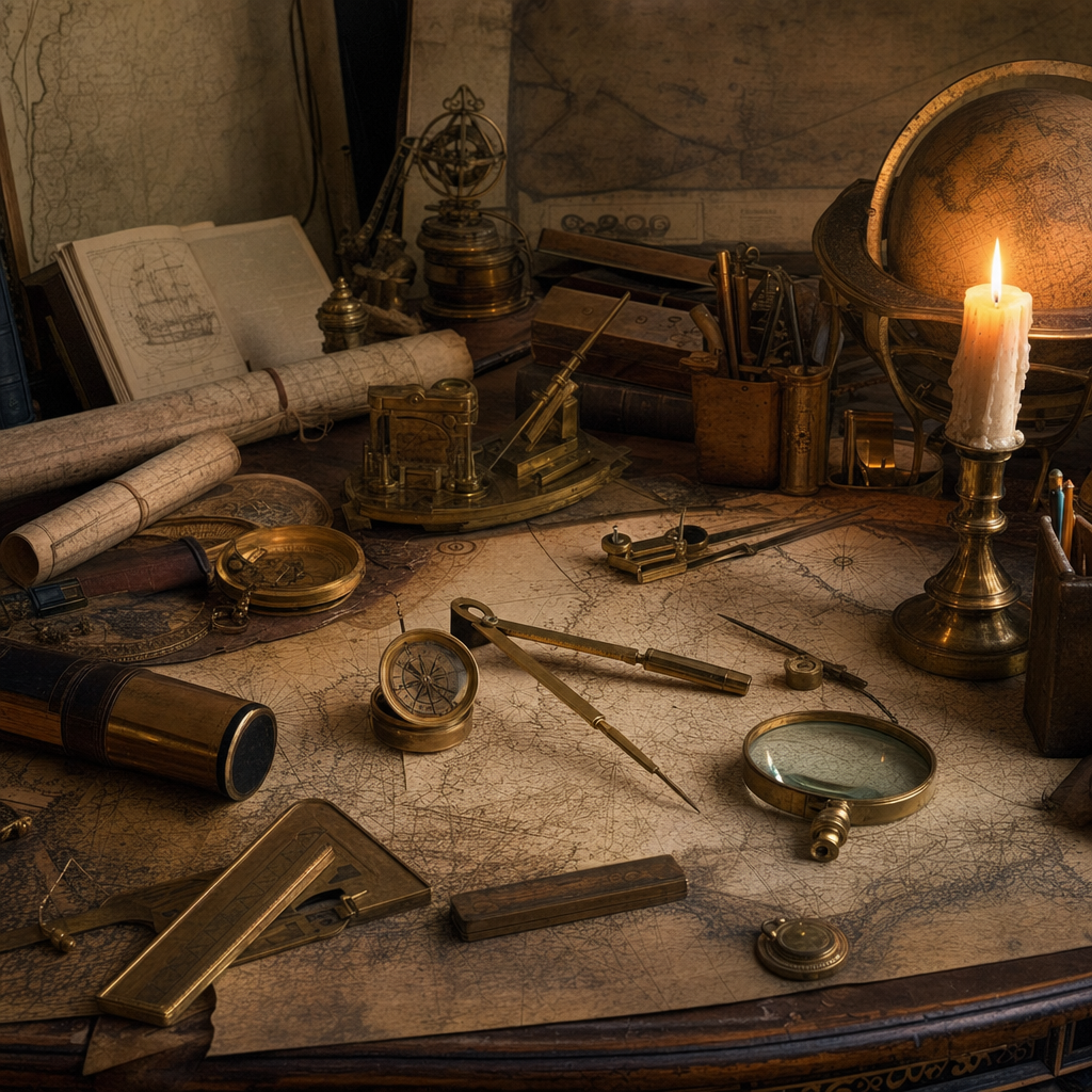 an antique cartographer desk covered in brass instruments and candlelit maps, photorealistic still life, warm tones