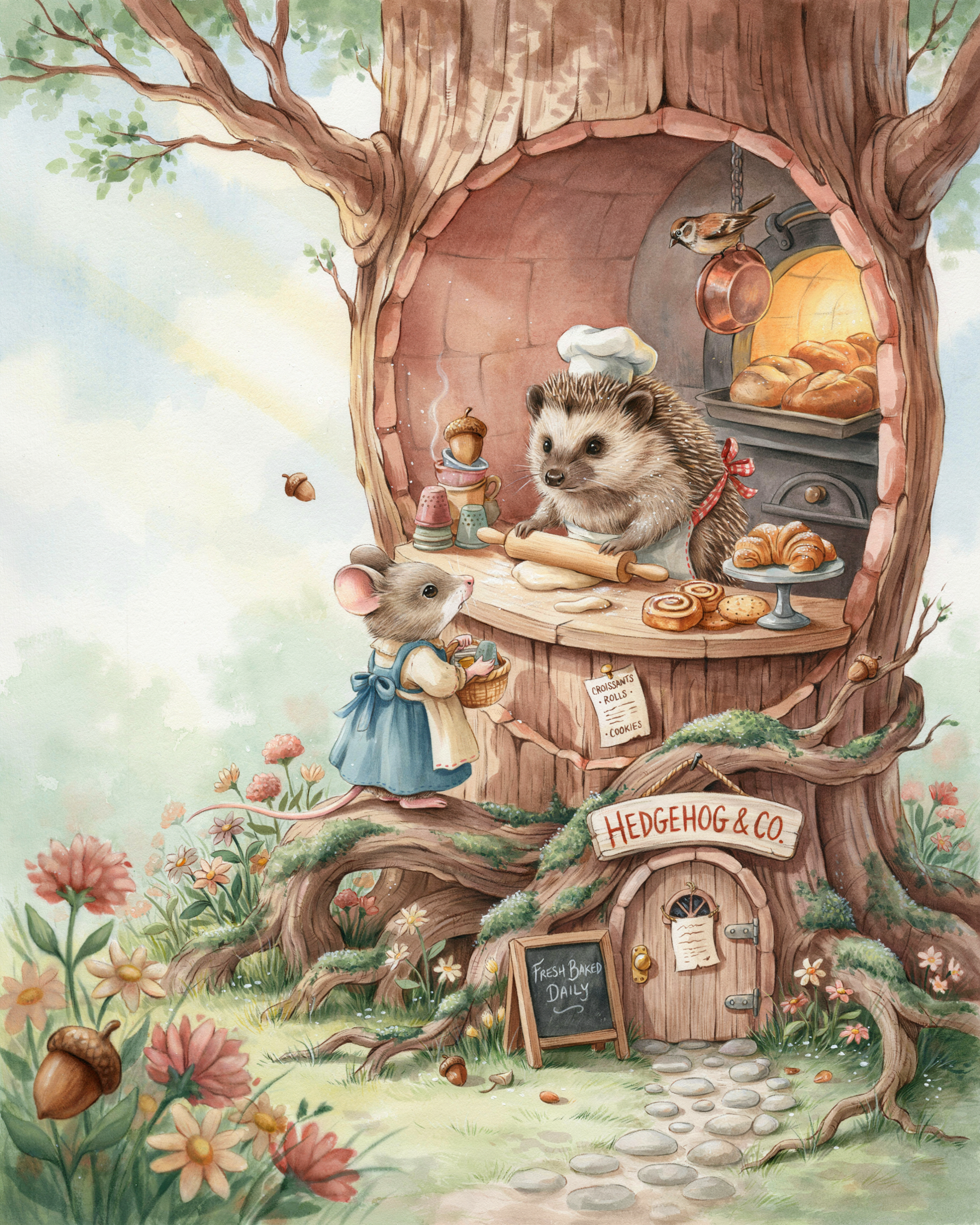 a whimsical storybook illustration of a hedgehog running a tiny bakery, warm watercolor style, soft morning light