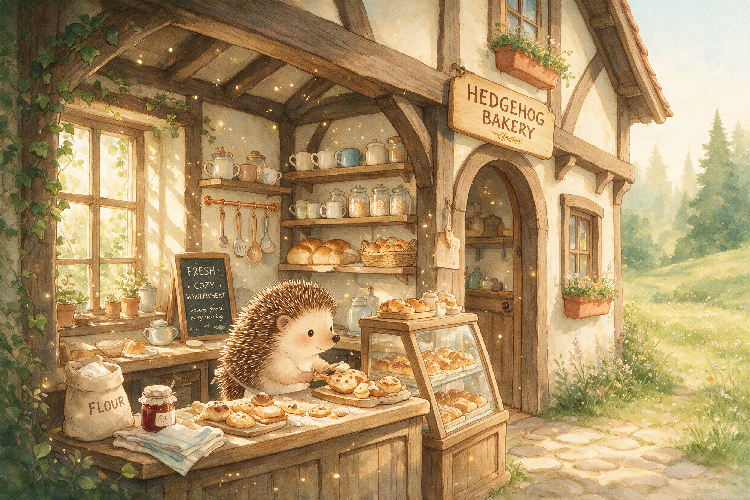 a whimsical storybook illustration of a hedgehog running a tiny bakery, warm watercolor style, soft morning light