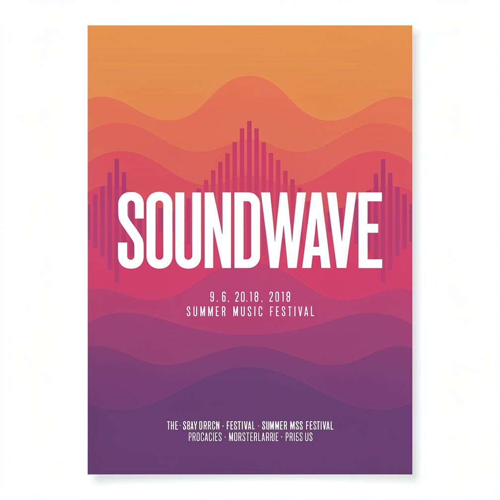 a bold minimalist poster for a summer music festival with the headline text SOUNDWAVE in large letters, gradient sunset palette, clean layout