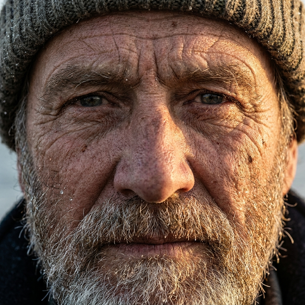 a weathered lighthouse keeper portrait in extreme close-up, every pore and wrinkle rendered, sea spray in his beard, golden hour rim light, ultra fine detail