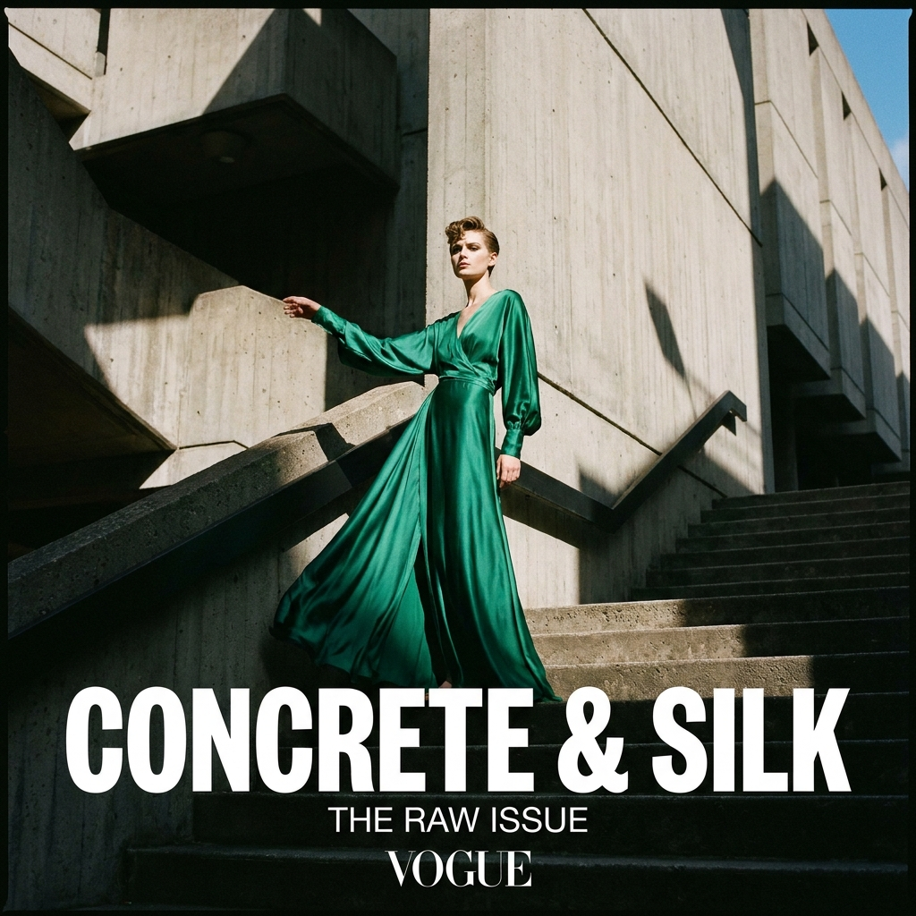 a fashion editorial portrait of a model in an emerald silk dress against brutalist concrete architecture, magazine cover quality