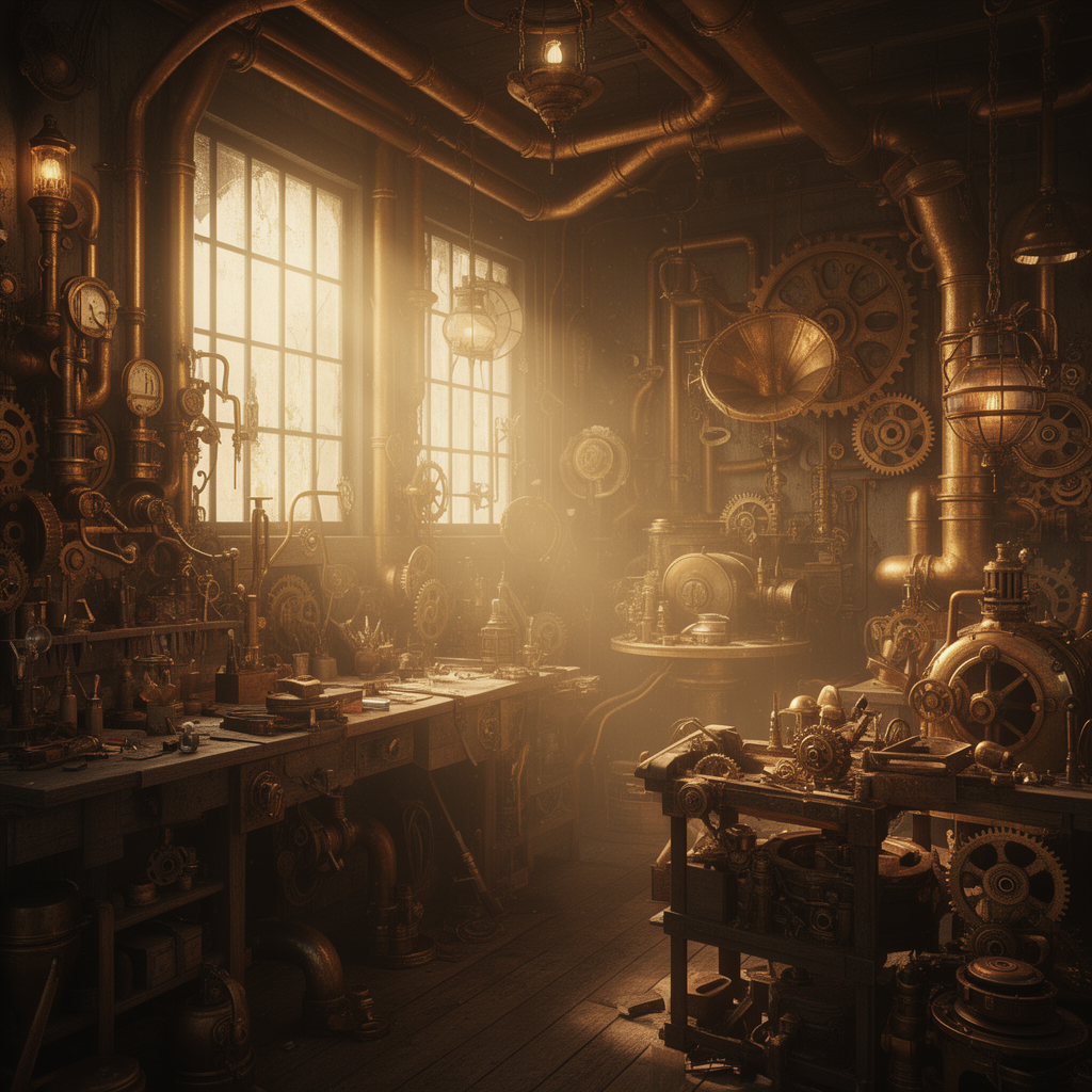 a highly detailed steampunk workshop interior with brass pipes, gears, and warm volumetric light through dusty windows, photorealistic