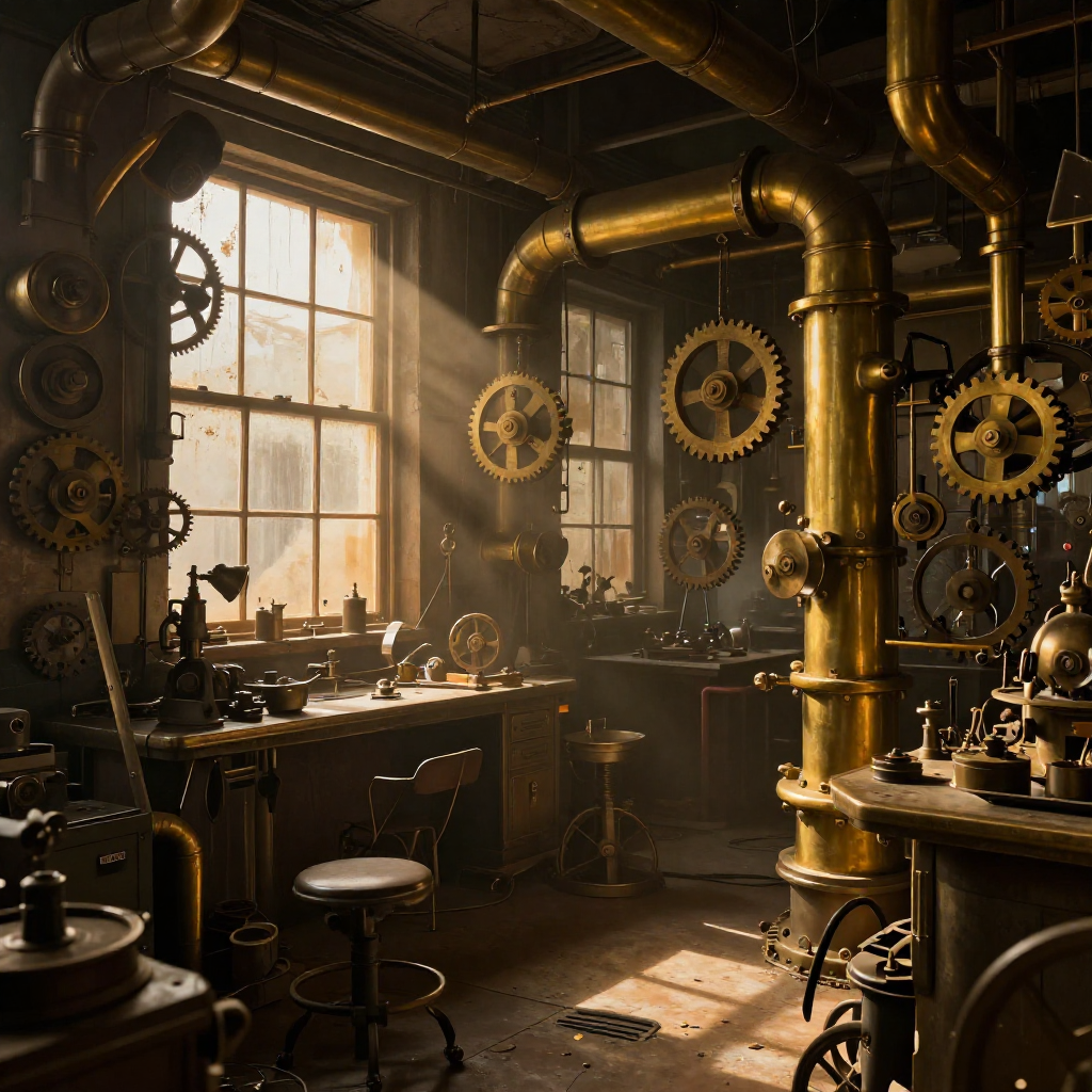 a highly detailed steampunk workshop interior with brass pipes, gears, and warm volumetric light through dusty windows, photorealistic