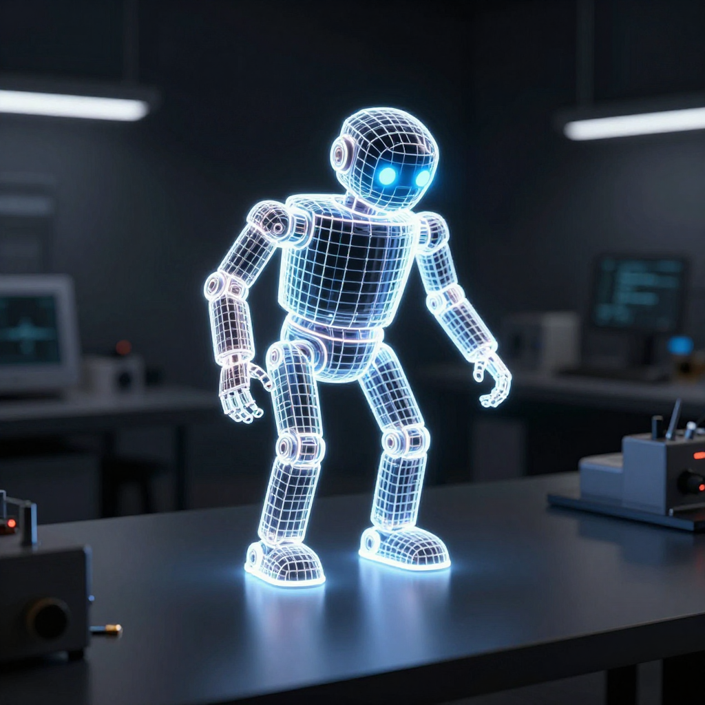 a neon wireframe robot assembling itself on a dark workbench, dramatic rim lighting, product-render style