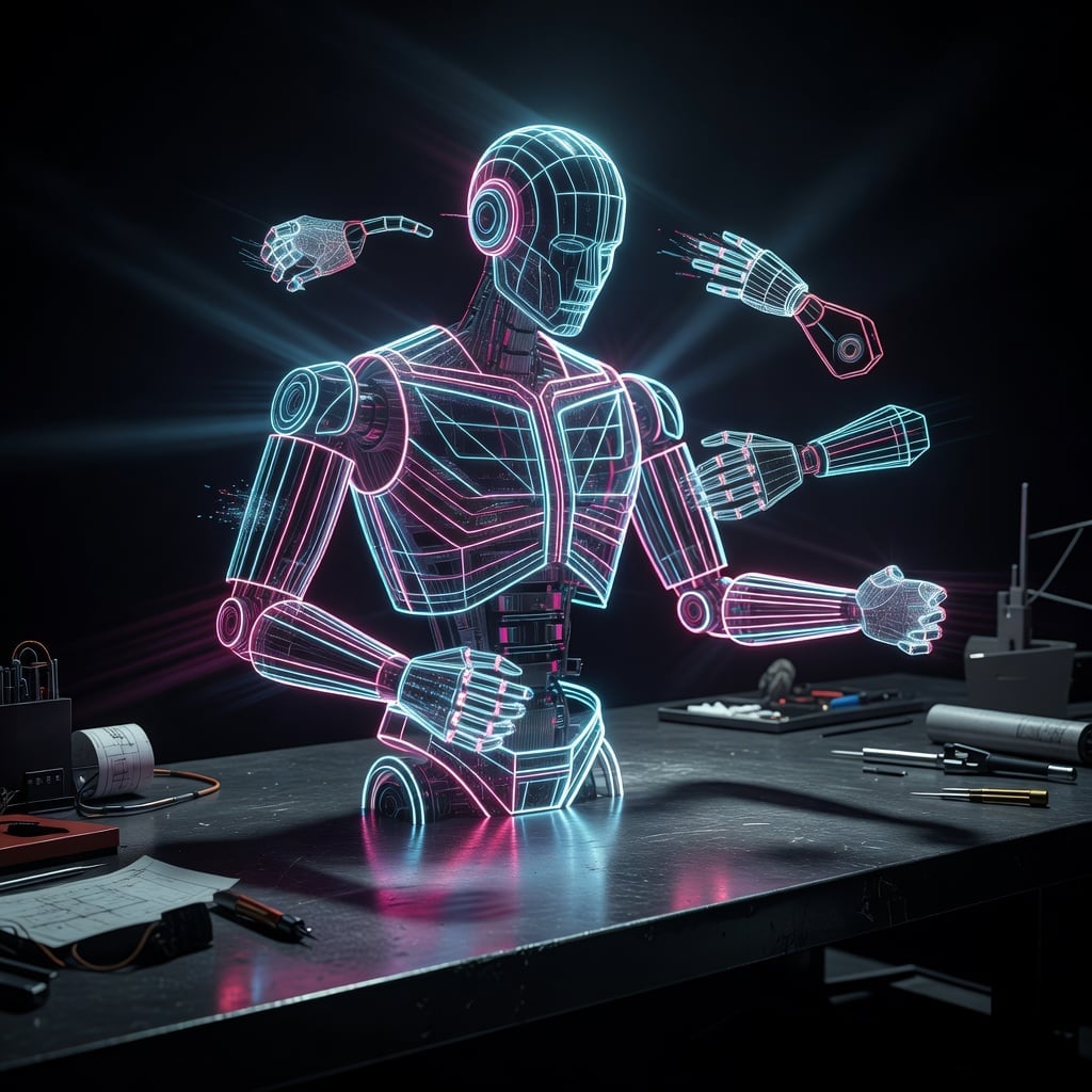 a neon wireframe robot assembling itself on a dark workbench, dramatic rim lighting, product-render style