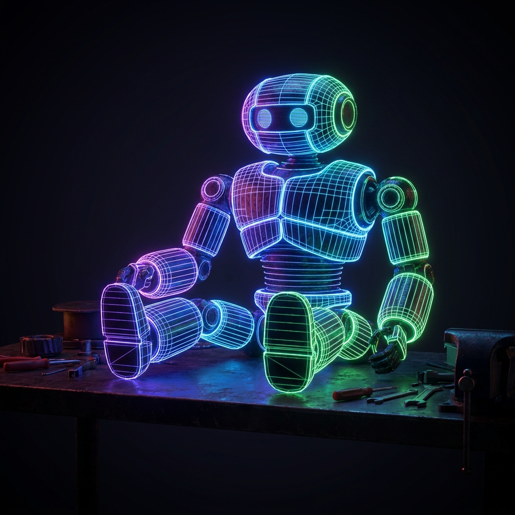 a neon wireframe robot assembling itself on a dark workbench, dramatic rim lighting, product-render style