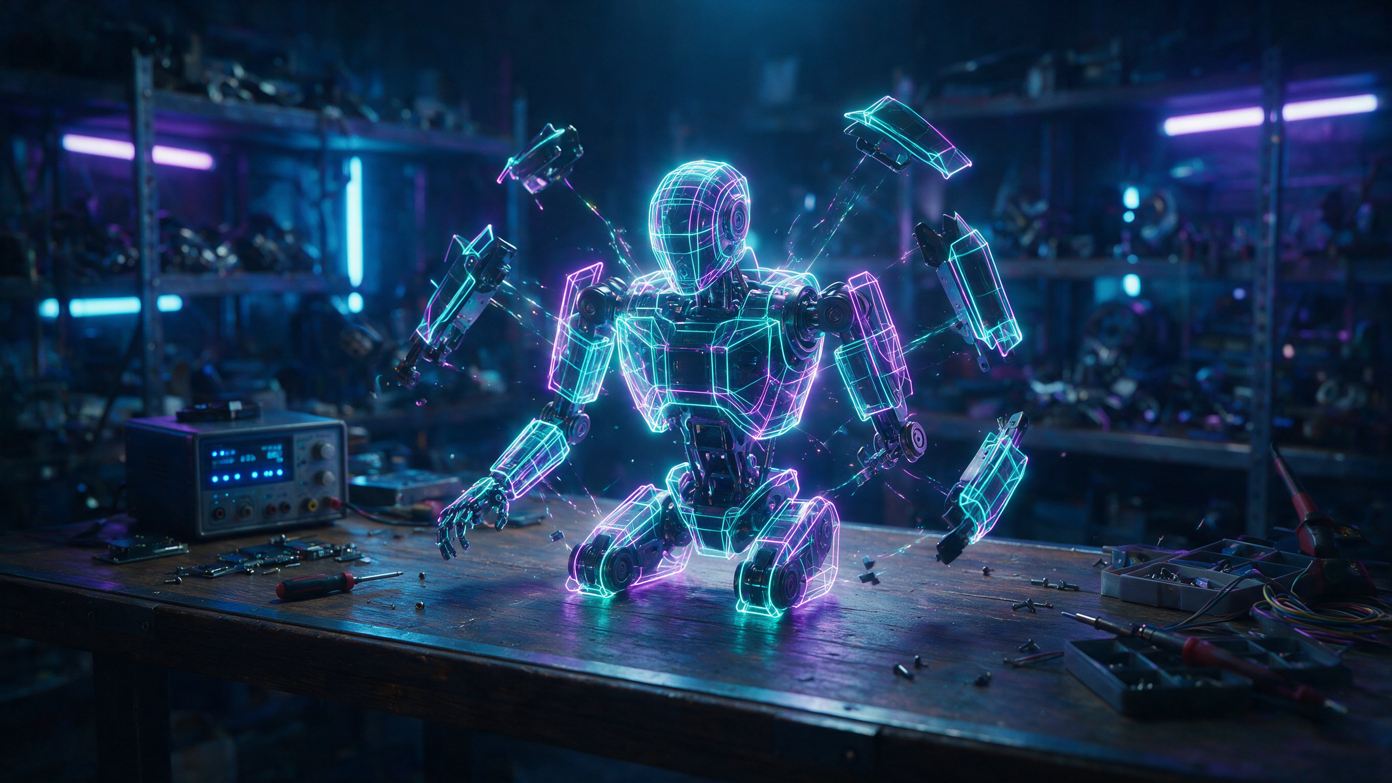 a neon wireframe robot assembling itself on a dark workbench, dramatic rim lighting, product-render style