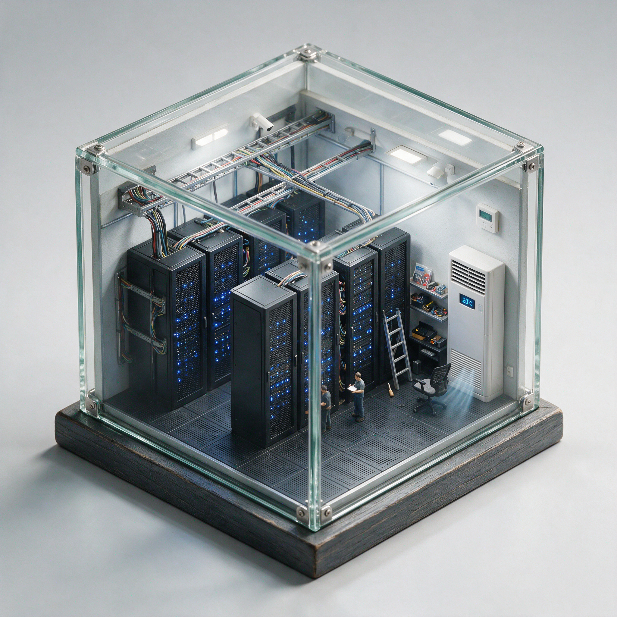 an isometric cutaway of a tiny server room inside a glass cube, soft studio light, miniature diorama style