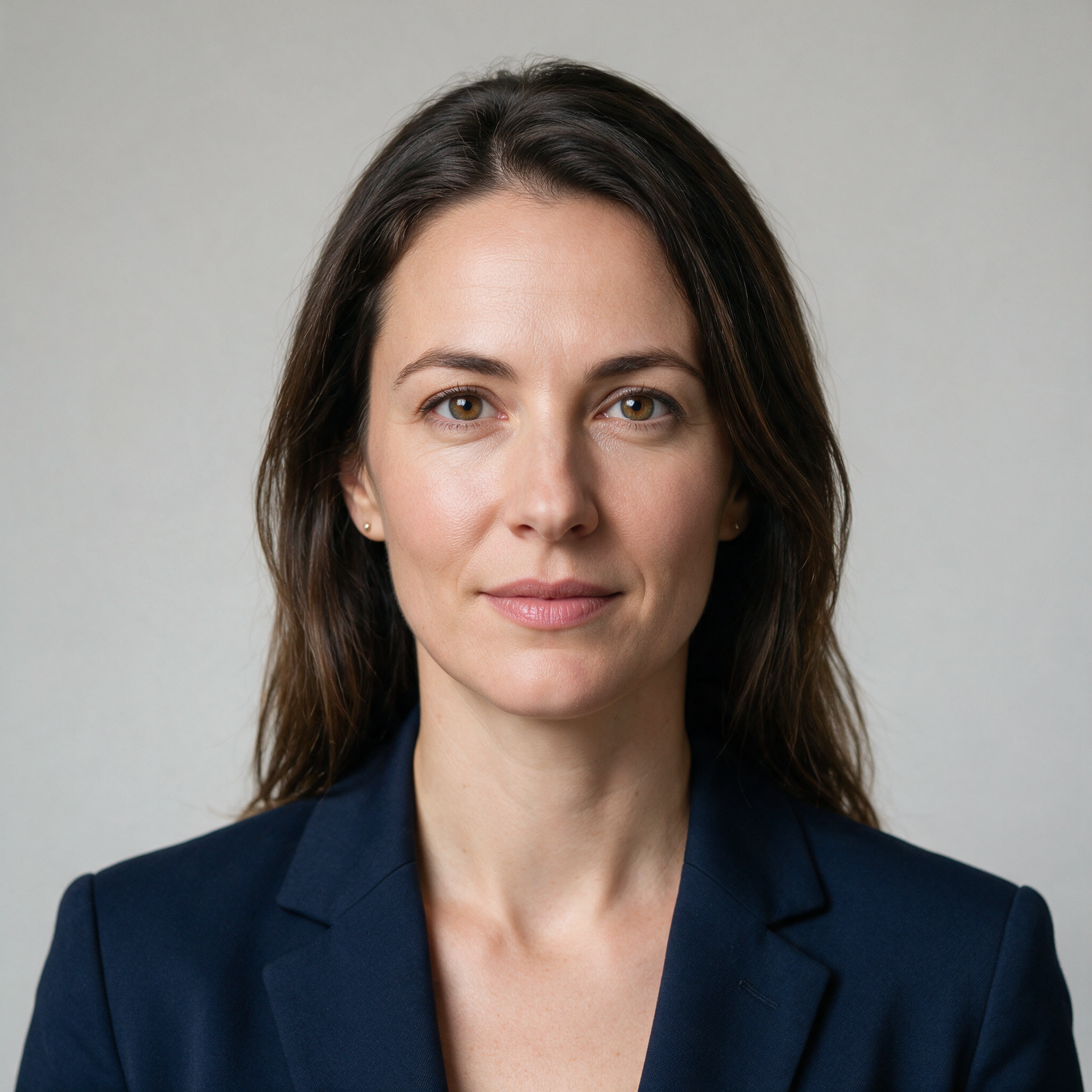 a professional corporate headshot of a woman in a navy blazer, neutral studio background, soft key light, sharp focus