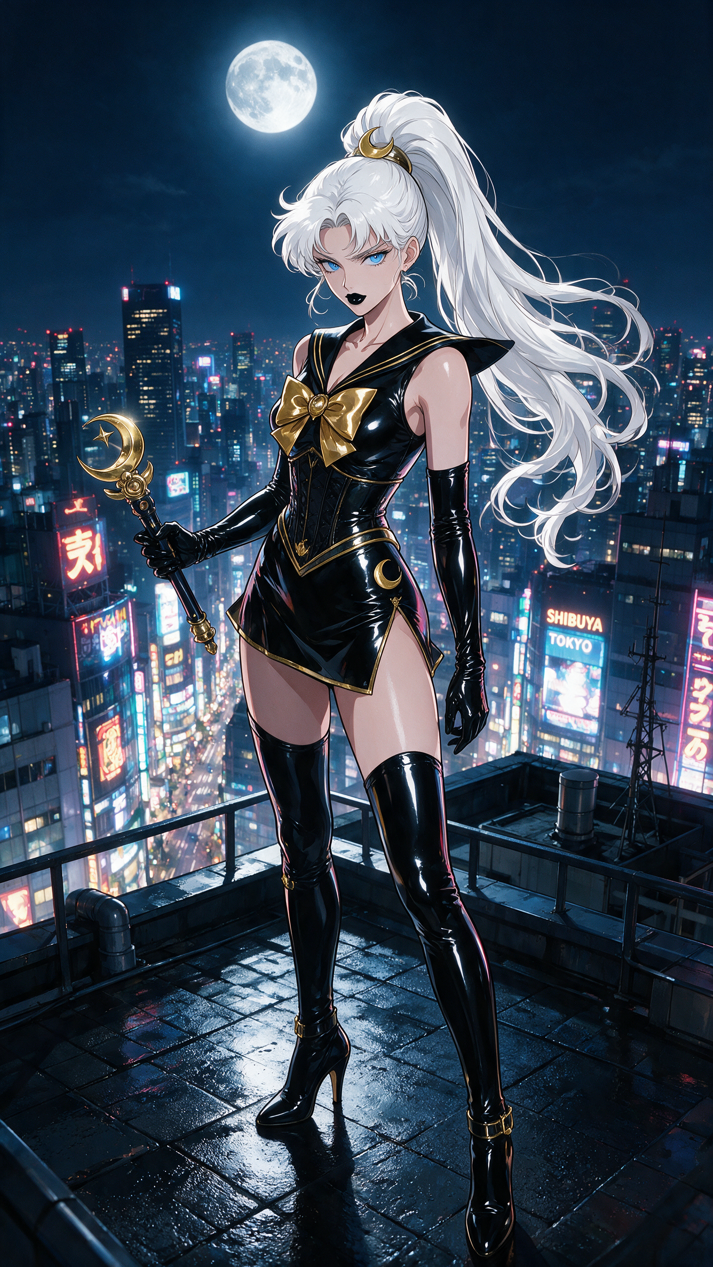 A commanding evil Sailor Venus with long white hair pulled into a thick high ponytail, piercing blue eyes, and glossy black lipstick stands in a dominant pose on a neon-lit rooftop overlooking the sprawling Tokyo skyline at night, dressed in a skintight shiny black latex version of her traditional sailor fuku complete with a glossy corset, high-slit skirt, and matching thigh-high stiletto boots. The reflective latex catches dramatic moonlight and city glow, emphasizing her powerful silhouette against the dark urban expanse. Rendered in vibrant anime style with bold outlines, cinematic atmosphere, and sharp highlights on every shiny surface.