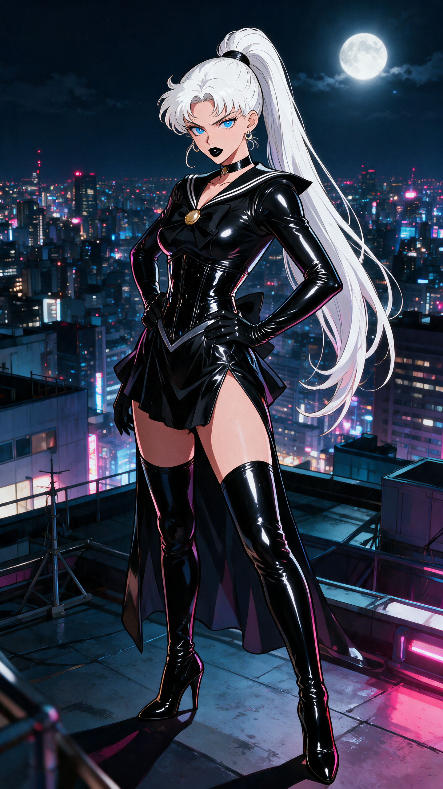 A commanding evil Sailor Venus with long white hair pulled into a thick high ponytail, piercing blue eyes, and glossy black lipstick stands in a dominant pose on a neon-lit rooftop overlooking the sprawling Tokyo skyline at night, dressed in a skintight shiny black latex version of her traditional sailor fuku complete with a glossy corset, high-slit skirt, and matching thigh-high stiletto boots. The reflective latex catches dramatic moonlight and city glow, emphasizing her powerful silhouette against the dark urban expanse. Rendered in vibrant anime style with bold outlines, cinematic atmosphere, and sharp highlights on every shiny surface.