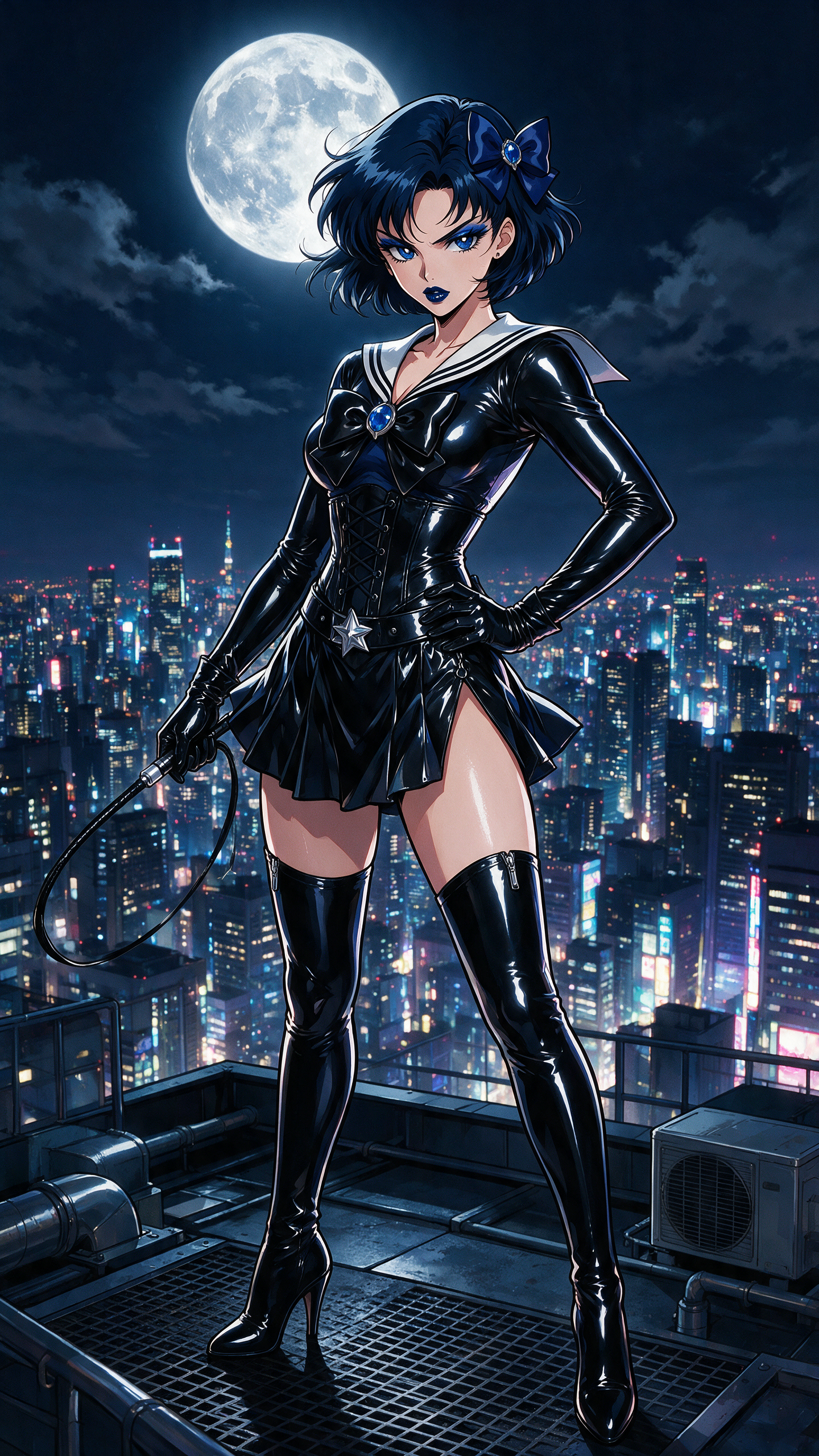 A commanding evil Sailor Mercury with her dark blue hair cut in a short bob. piercing dark blue eyes, and glossy dark blue lipstick stands in a dominant pose on a neon-lit rooftop overlooking the sprawling Tokyo skyline at night, dressed in a skintight shiny black latex version of her traditional sailor fuku complete with a glossy corset, high-slit skirt, and matching thigh-high stiletto boots. In one hand she holds a sleek shiny leather riding crop. The reflective latex catches dramatic moonlight and city glow, emphasizing her powerful silhouette against the dark urban expanse while her mature features and bold makeup add intensity. Rendered in vibrant anime style with bold outlines, cinematic atmosphere, and sharp highlights on every shiny surface.