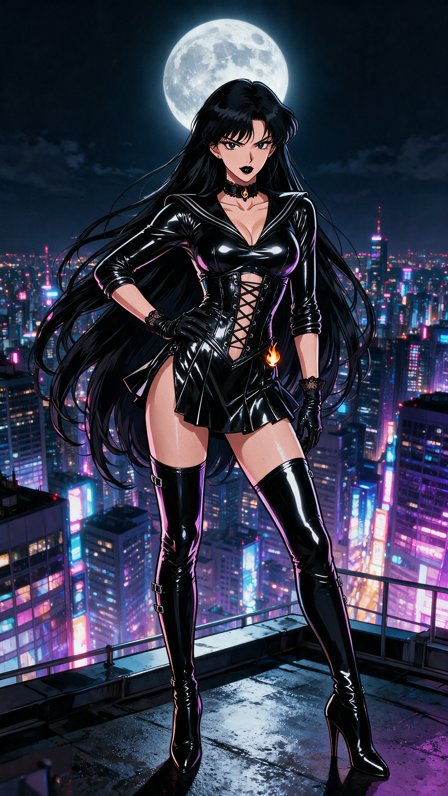 A commanding evil Sailor Mars with long black hair a thick fall down her back. piercing dark eyes, and glossy black lipstick stands in a dominant pose on a neon-lit rooftop overlooking the sprawling Tokyo skyline at night, dressed in a skintight shiny black latex version of her traditional sailor fuku complete with a glossy corset, high-slit skirt, and matching thigh-high stiletto boots. The reflective latex catches dramatic moonlight and city glow, emphasizing her powerful silhouette against the dark urban expanse while her mature features and bold makeup add intensity. Rendered in vibrant anime style with bold outlines, cinematic atmosphere, and sharp highlights on every shiny surface.