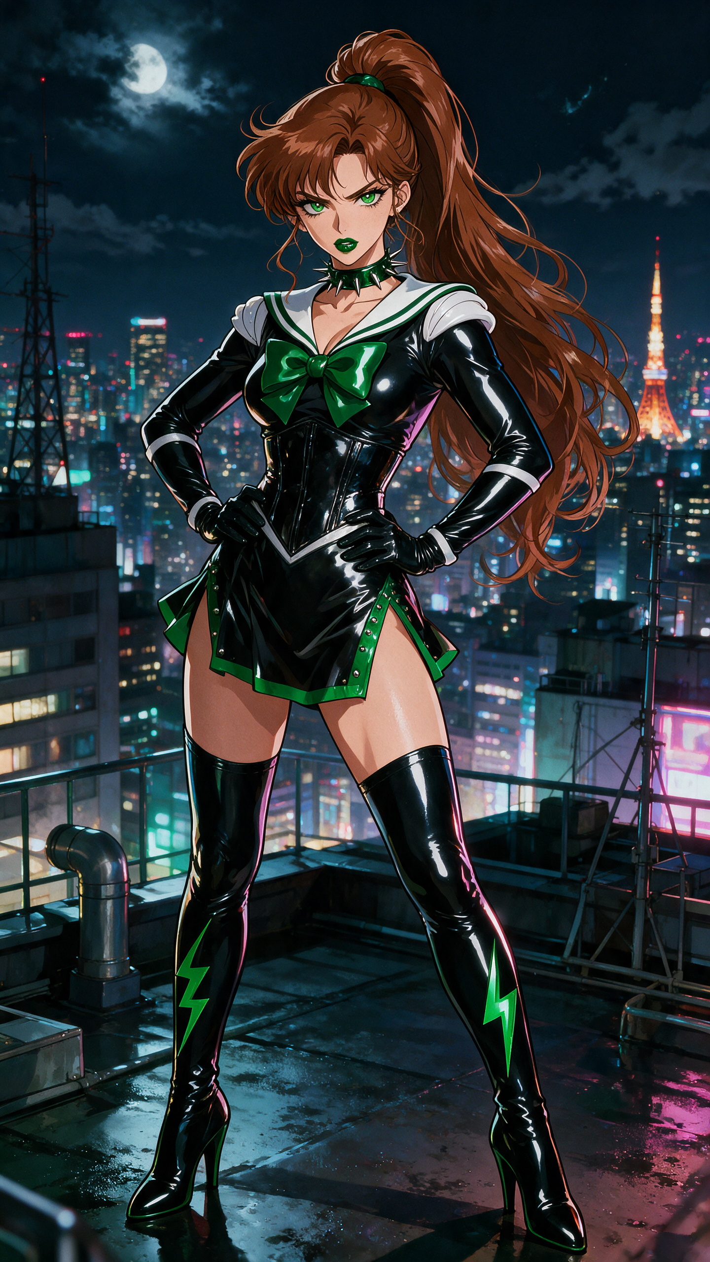 A commanding evil Sailor Jupiter with long auburn hair swept into a thick high ponytail cascading down her back, piercing green eyes, and glossy dark green lipstick stands in a dominant pose on a neon-lit rooftop overlooking the sprawling Tokyo skyline at night, dressed in a skintight shiny black latex version of her traditional sailor fuku complete with a glossy corset, high-slit skirt, matching thigh-high stiletto boots, and a thick shiny dark green spiked collar. The reflective latex catches dramatic moonlight and city glow, emphasizing her powerful silhouette against the dark urban expanse while her mature features and bold makeup add intensity. Rendered in vibrant anime style with bold outlines, cinematic atmosphere, and sharp highlights on every shiny surface.