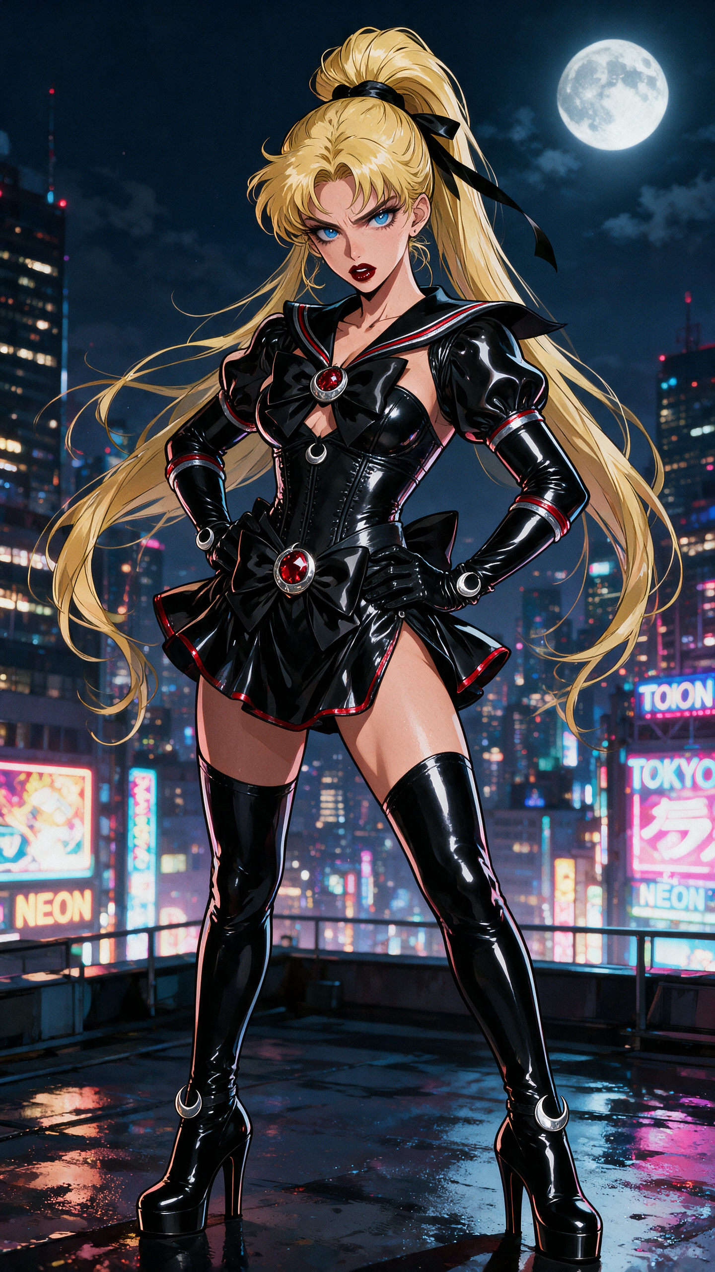 A commanding evil Sailor Moon with long blonde hair swept into thick high ponytails cascading down her back, piercing blue eyes, and glossy dark crimson lipstick stands in a dominant pose on a neon-lit rooftop overlooking the sprawling Tokyo skyline at night. She wears a skintight shiny black latex version of her traditional sailor fuku complete with a glossy corset, high-slit skirt, matching thigh-high stiletto boots, her mature features and bold makeup adding intensity to her powerful silhouette. The reflective latex catches dramatic moonlight and city glow against the dark urban expanse, rendered in vibrant anime style with bold outlines, cinematic atmosphere, and sharp highlights on every shiny surface.
