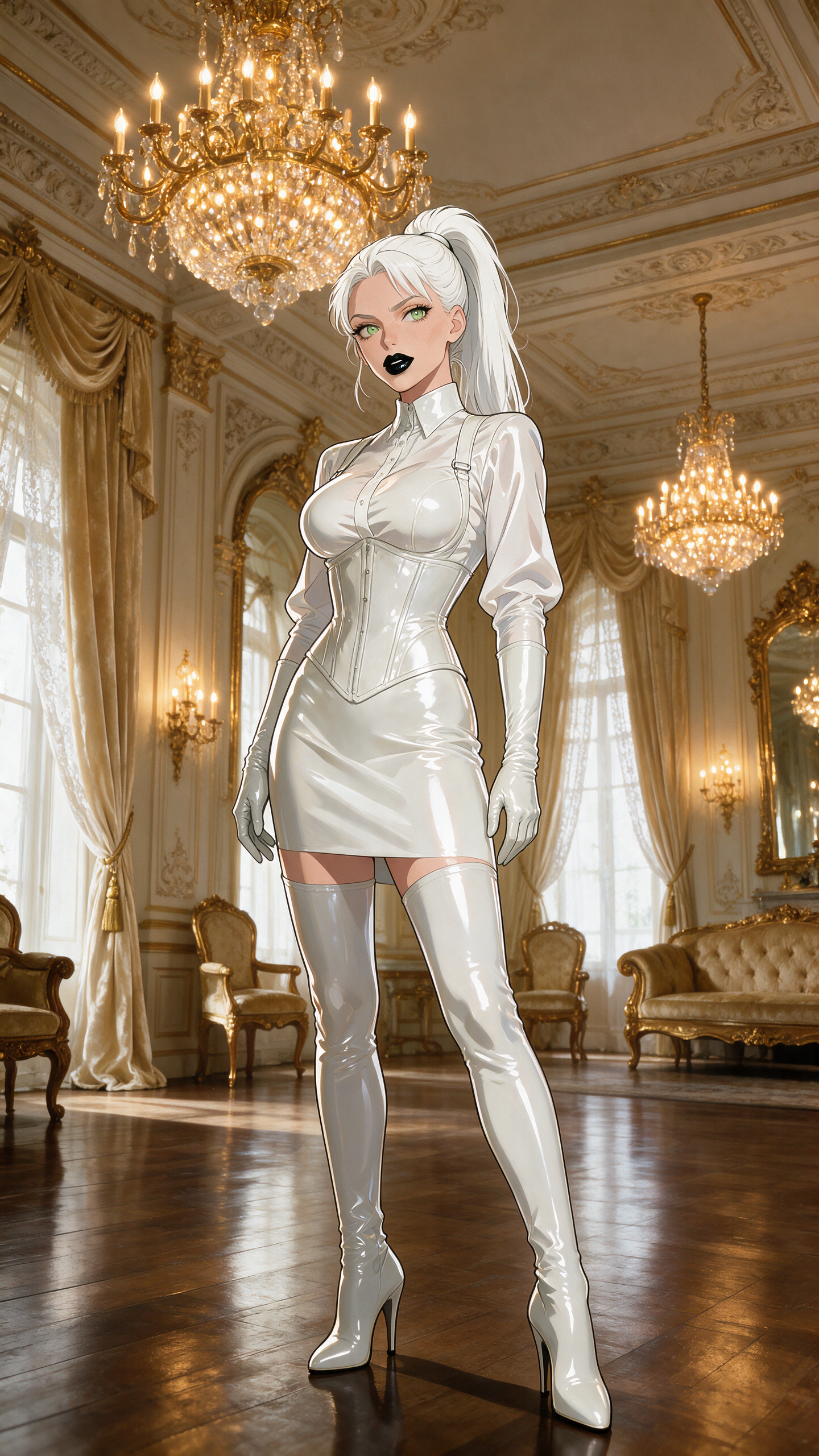 A mature 35-year-old woman with pale green eyes and long white hair styled in a thick high ponytail stands poised in a classical elegant Victorian-style ballroom, dressed in a shiny white latex blouse beneath a corset that emphasizes her breasts, a skintight shiny white latex skirt, thigh-high stiletto-heeled boots, and matching shoulder-length shiny white latex opera gloves. Heavy goth makeup frames her face with dramatic contrast from shiny black lipstick as the glossy latex catches soft chandelier light that reveals every reflective highlight and deep shadow across the smooth material in vibrant anime shading. The opulent ballroom setting with ornate details and warm ambient illumination accentuates the polished textures and her commanding presence through dynamic anime composition.