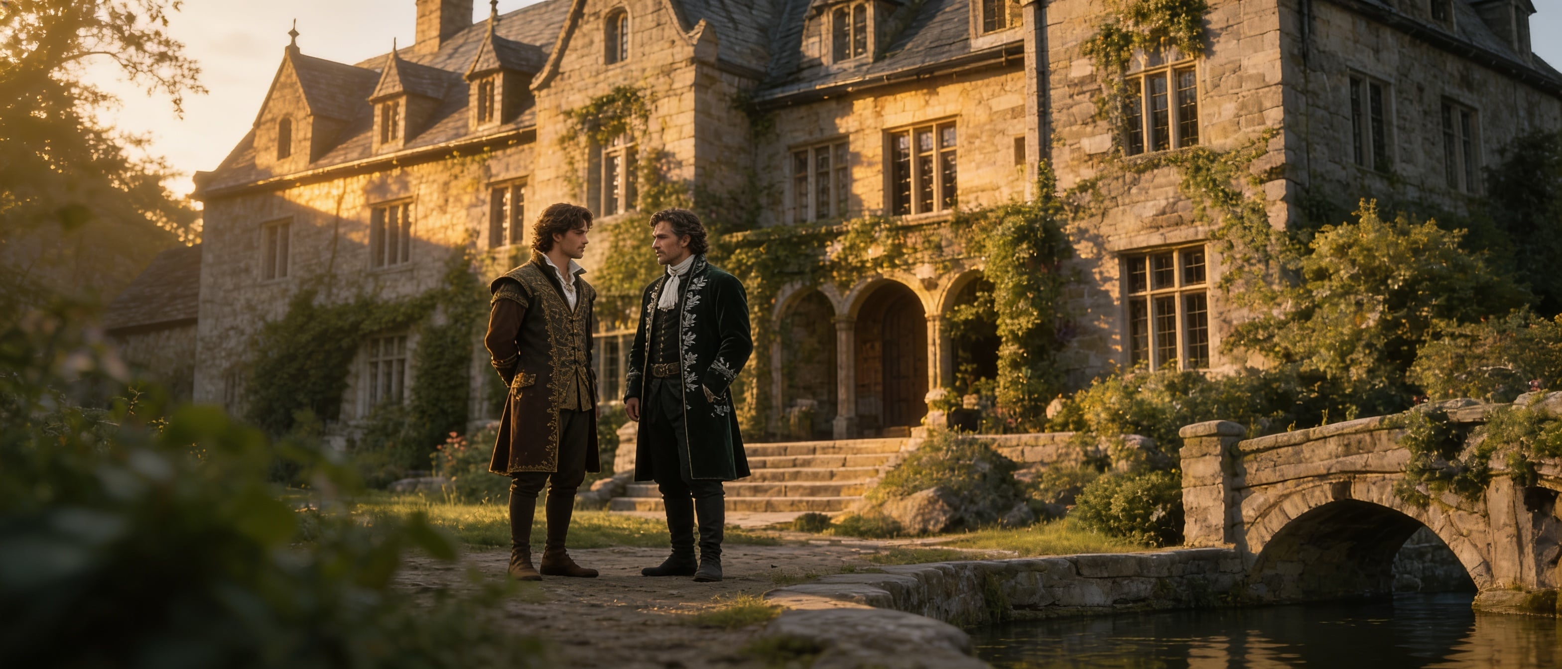 A young man stands casually talking with his father outside their medieval stone home, both captured in a photorealistic wide frame that emphasizes their natural postures, weathered clothing textures, and the ivy-covered gray stone walls behind them. Soft warm golden light filters from the side, highlighting skin details, fabric weaves, and subtle surface reflections while casting gentle shadows across the historic facade. The scene is rendered with sharp foreground focus and natural depth of field on a wide-angle lens, evoking quiet familial warmth amid the rustic medieval setting.