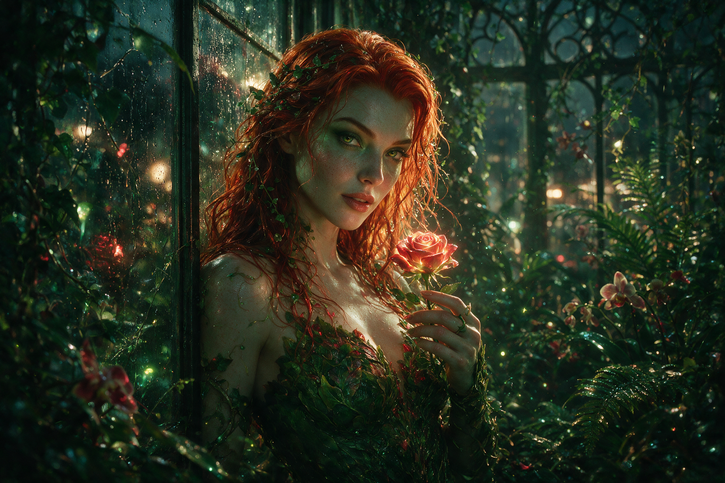 Photorealistic, cinematic close-to-mid portrait of Poison Ivy from DC Comics leaning against a rain-slicked greenhouse window at twilight, her porcelain skin softly freckled and kissed by emerald and crimson reflections, fiery copper-red hair flowing in damp curls threaded with tiny dew-beaded vines, and a couture leaf-and-petal bodysuit that reads as living botanical armor; she locks eyes with the viewer while gently cradling a single luminous rose, its thorn curling around her finger like a promise. The environment is an overgrown conservatory reclaimed by nature—towering ferns, orchids, and bioluminescent spores drifting through the air, ivy crawling over cracked glass and wrought iron—rendered in hyperdetailed textures with shallow depth of field, crisp micro-contrast, and subtle film-grain. Dramatic lighting with sharp moonlit rim light and warm sodium backlight cuts through humid volumetric mist, creating glossy highlights on wet leaves and a romantic chiaroscuro glow across her face; the color palette is deep forest greens, blackened jade shadows, and rich scarlet accents, with soft bokeh city lights outside hinting at a forbidden, tender rendezvous.