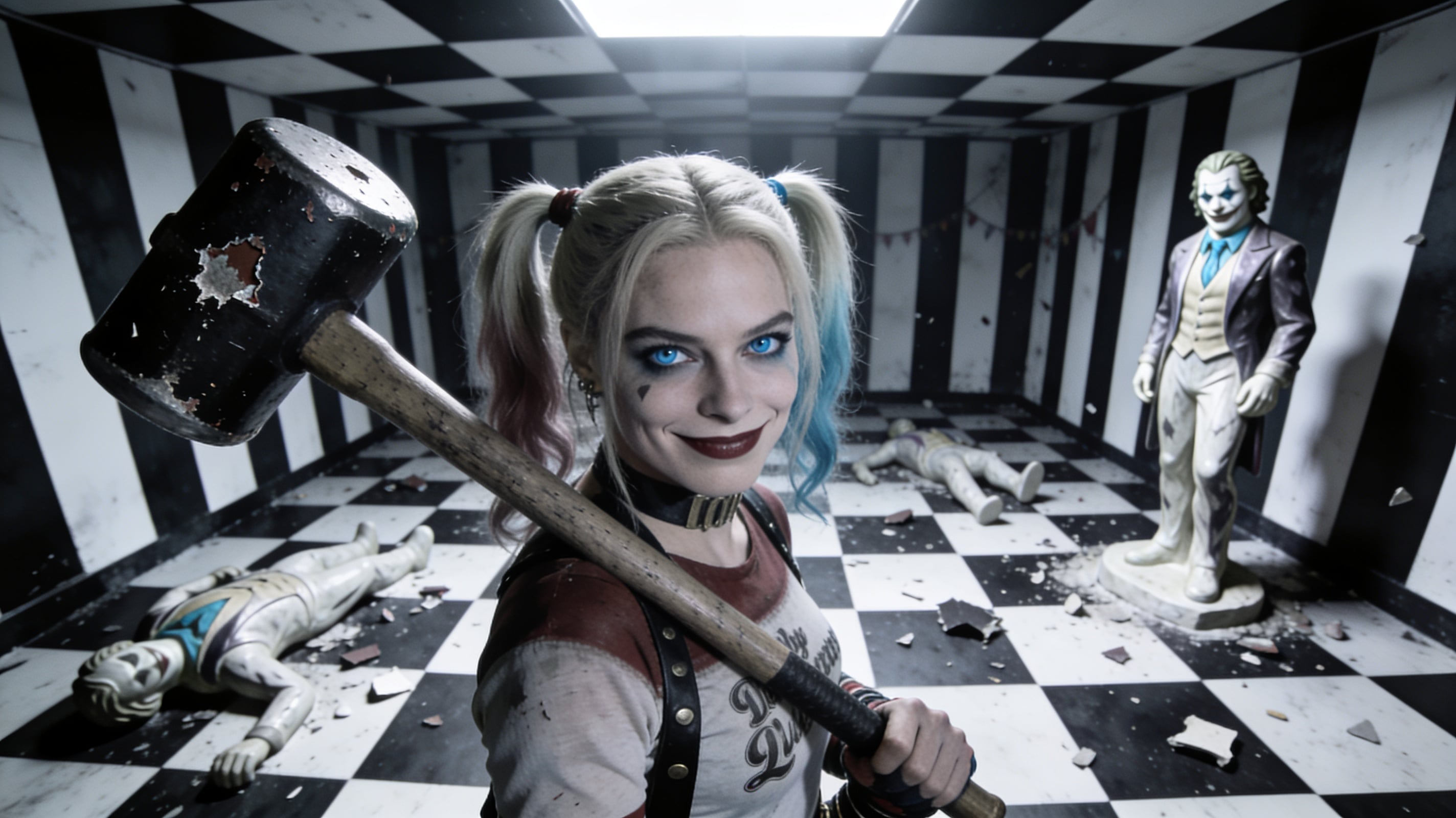 cinematic mid to close view portrait of harley quinn from dc comics , harley stands giant mallet held at rest its head nicked and chipped from enthusiastic use , she has a look of true madness in her ice blue  and her smile is one of amused disdain for something only she can perceive. she stands in a monochromatic room with true spatial properties strongly reminiscent of those a carnival fun house attempts to deceive the eye into believing . the black and white checkered floor is scattered with debris from broken full body statues of the joker , yet there is one more still standing intact . gaussian filter , hard lighting from above , 35mm camera , moderate film grain