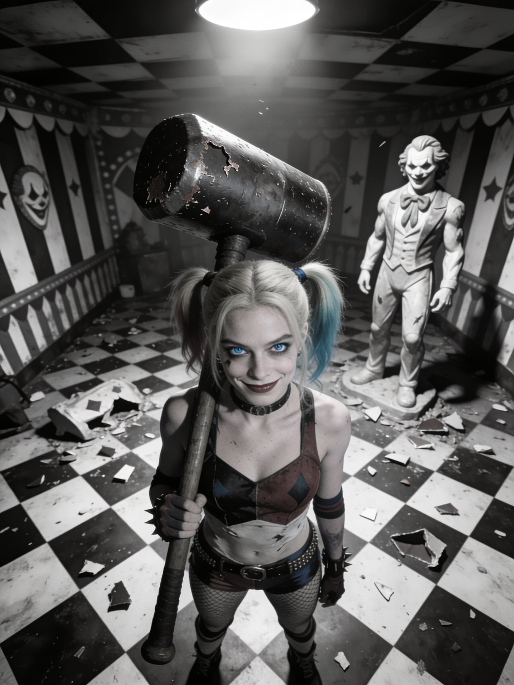 Cinematic mid-to-close full portrait of Harley Quinn from DC Comics standing with her giant mallet at rest, its head nicked and chipped from enthusiastic use. True madness in her ice-blue eyes and a smile of amused disdain for something only she can perceive. She stands in a monochromatic carnival fun-house room whose warped spatial properties still feel physically real, black-and-white checkered floor scattered with shattered debris from broken full-body Joker statues, one statue still standing intact. Hard overhead lighting, 35mm camera, moderate film grain, gaussian softness, hyper-realistic skin texture and catchlights.
