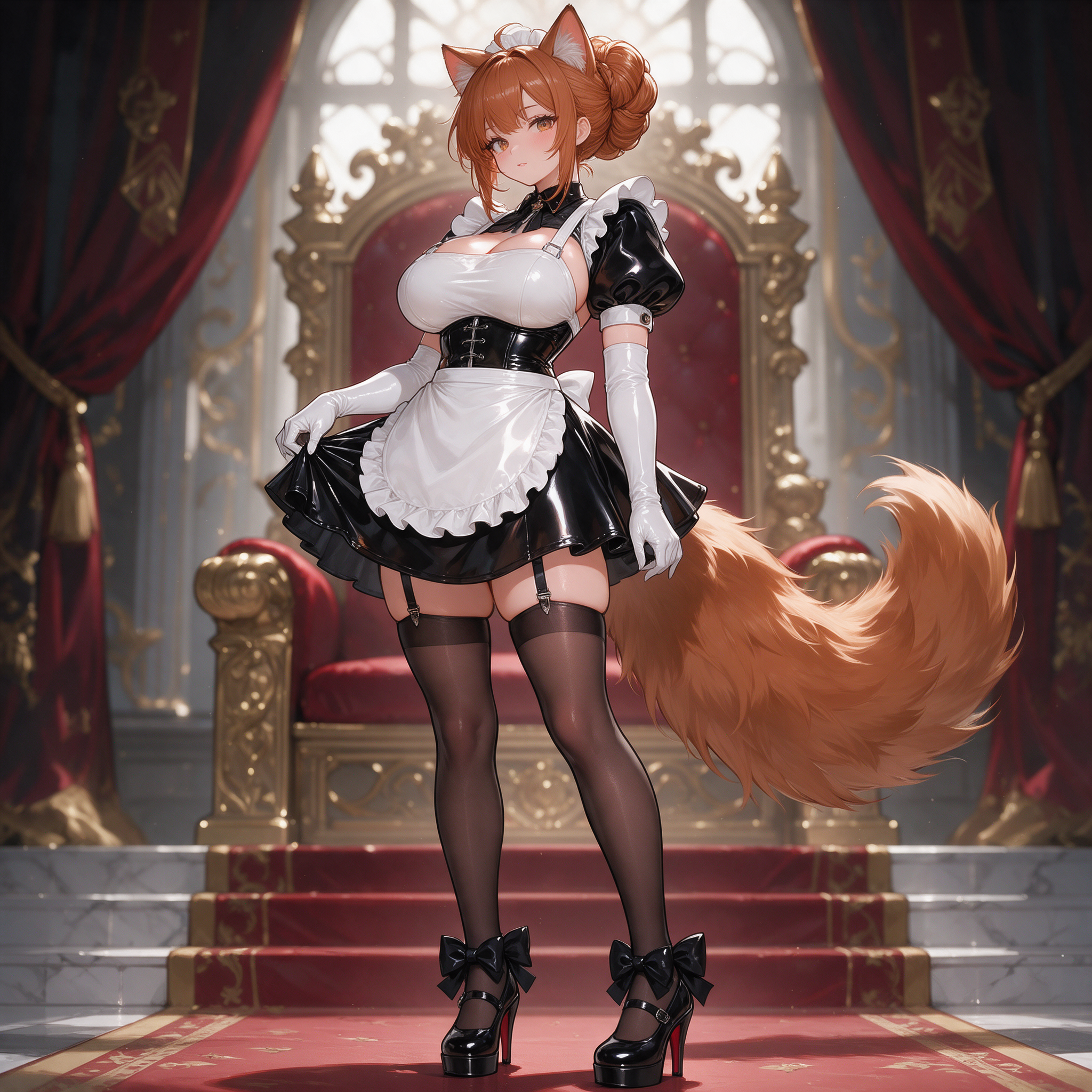 Anime style art. 
Slim large breasted catgirl with a large fluffy copper furred tail and cat ears. Her copper hair is set in a complex bun that covers up her human ears. Dressed in a shiny white latex apron over a shiny black latex corset. Black latex maid uniform. Shiny black puffy sleeved blouse and skirt. She wears shoulder length white latex opera gloves. Sheer black stockings and garters. Platform soled shiny black leather stiletto heeled mary jane shoes decorated with large black boys.
Standing in a throneroom
Anime style art.