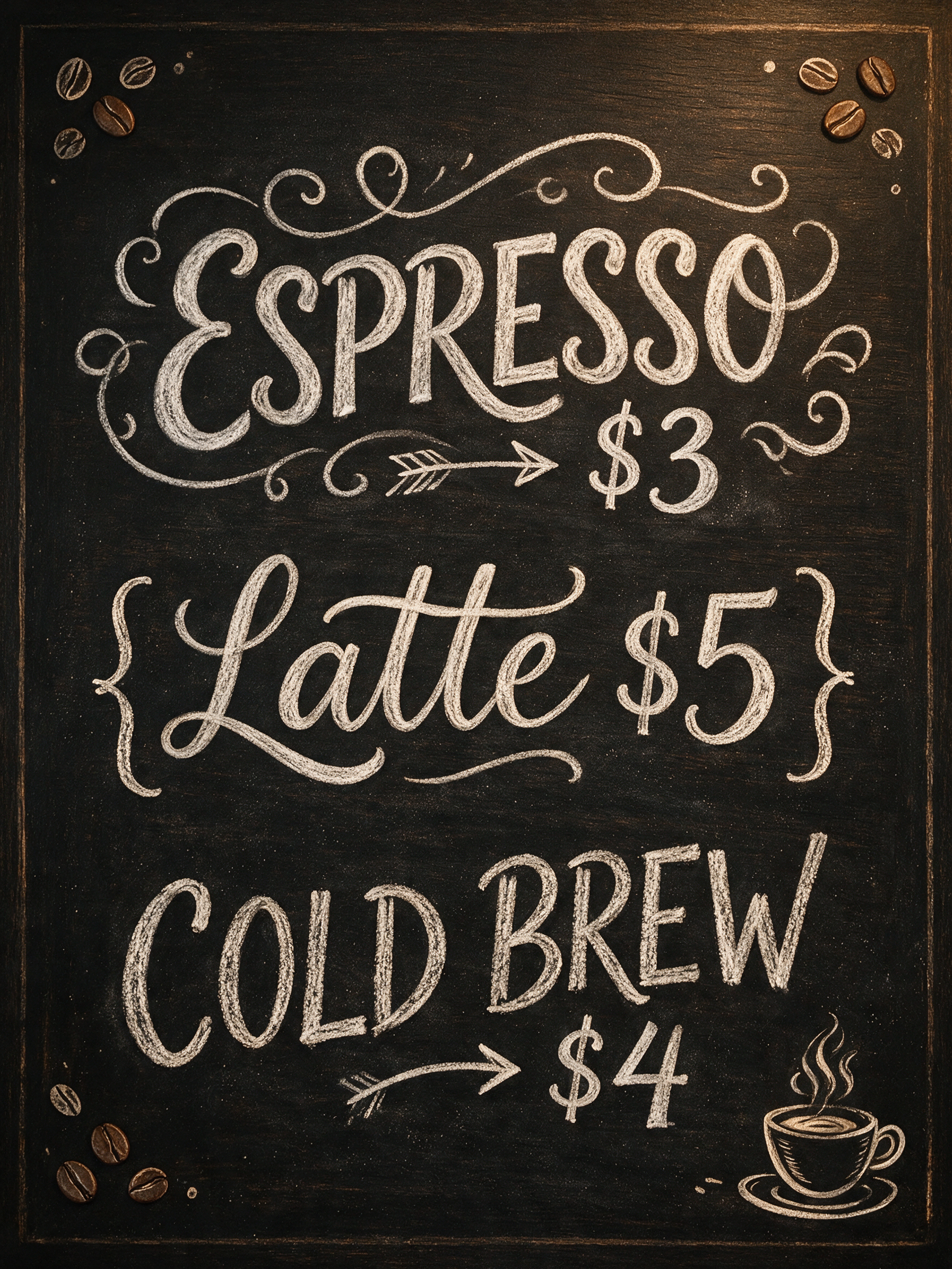 Example: A rustic coffee shop chalkboard menu board design, hand-lettered headers reading