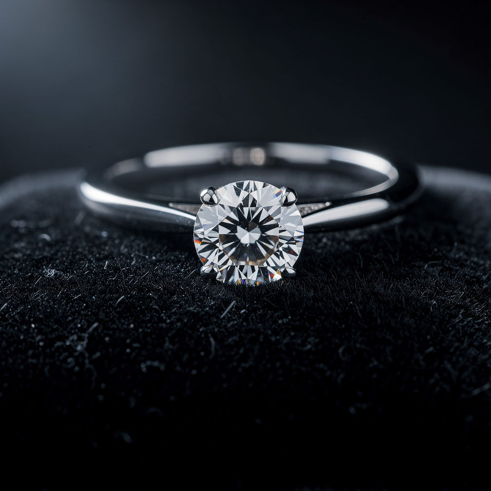 Example: Extreme macro product photograph of a diamond engagement ring on a black velvet