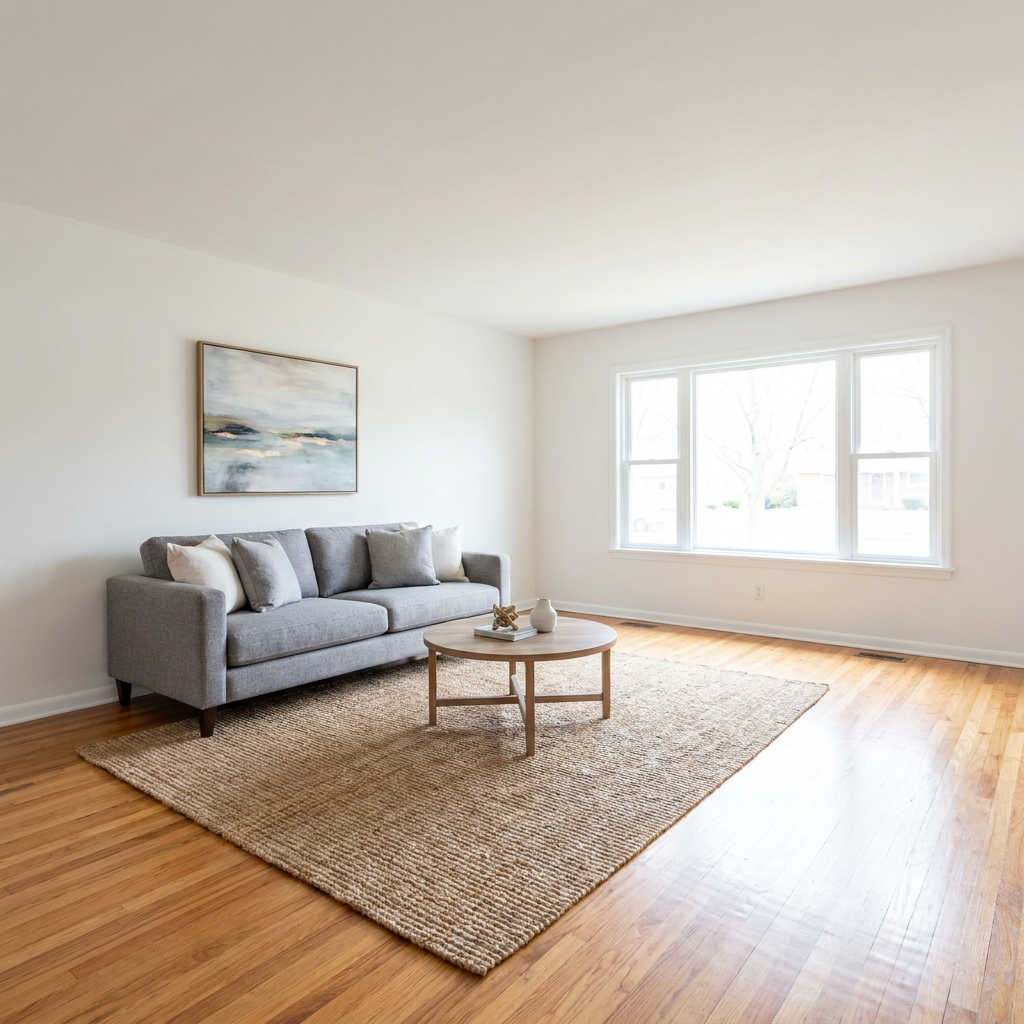 Example: Real estate listing photograph of a bright empty living room virtually staged wi