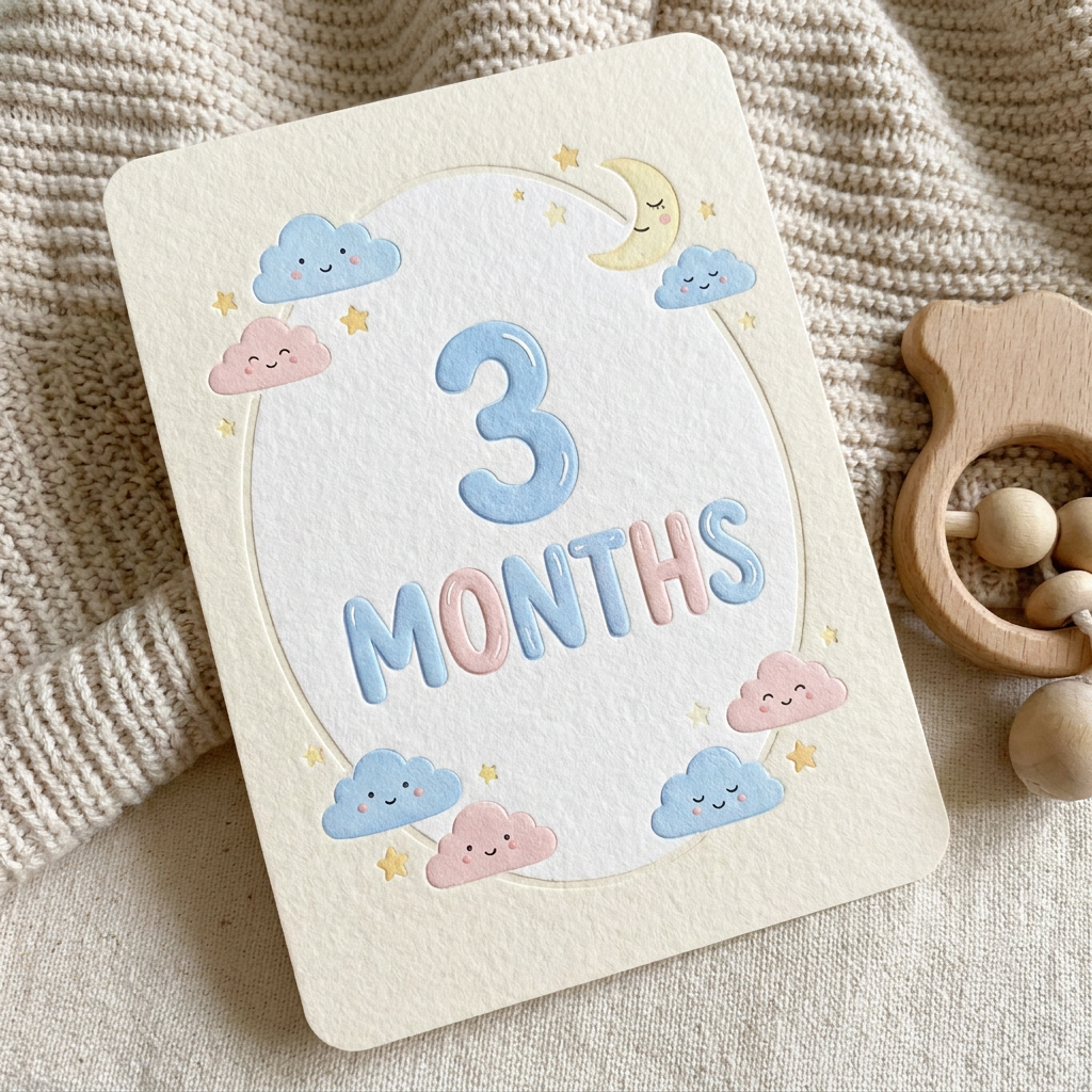 Example: A cheerful baby milestone card design with the words "3 MONTHS" in bold hand-let