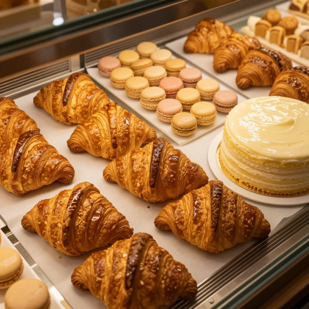 Example: Overhead studio photograph of a bakery display case filled with fresh croissants