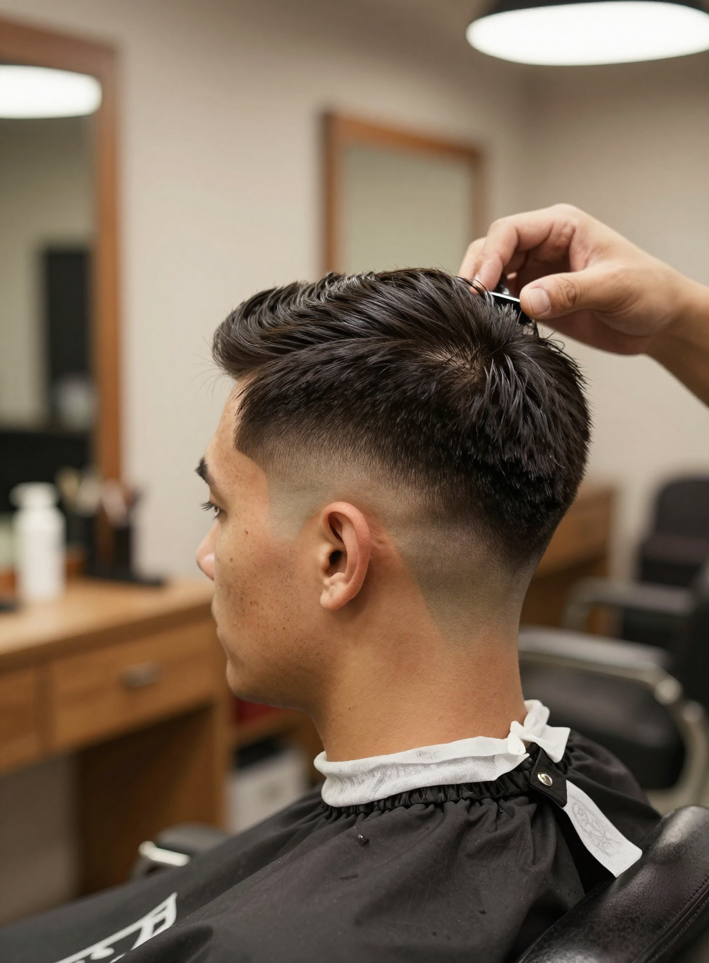 Example: Portrait of a barber giving a client a fresh fade haircut in a modern barbershop