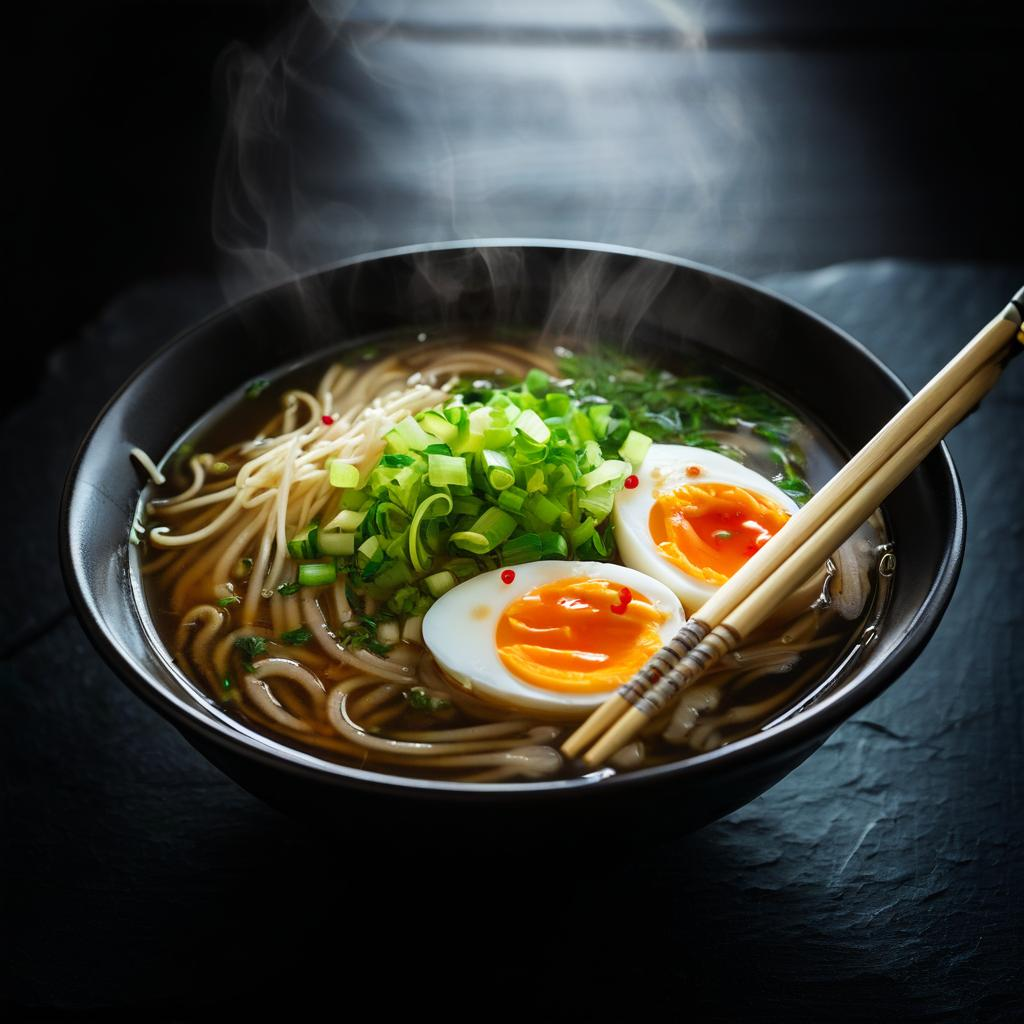 Example: Overhead shot of a steaming bowl of ramen with a soft egg, scallions and chili o