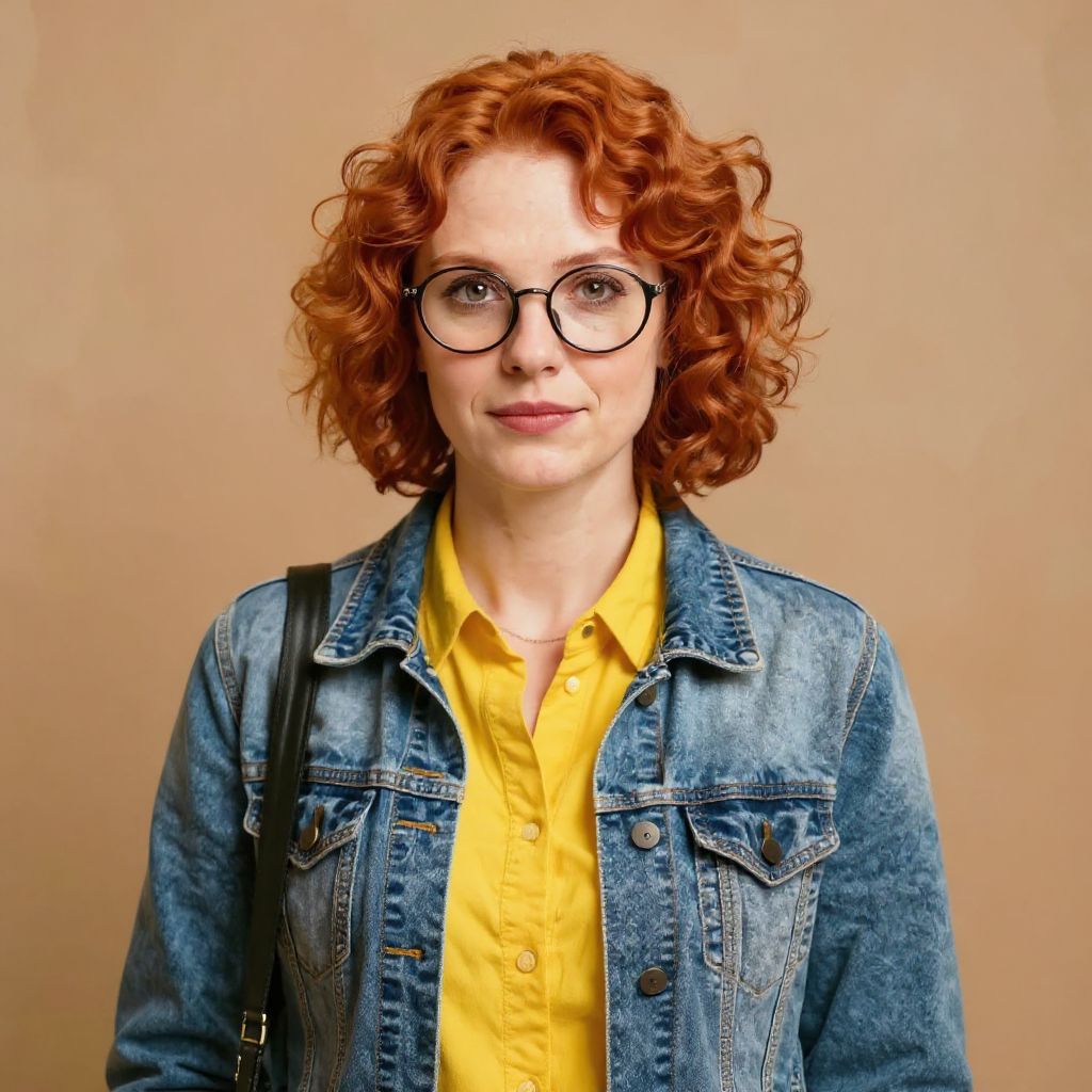 Example: A woman in her 30s with short curly red hair, round glasses, a denim jacket over