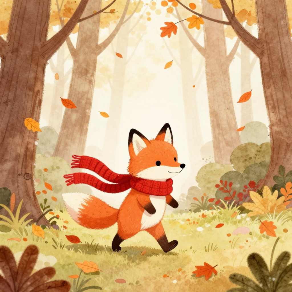 Example: Children's picture book illustration of a small fox wearing a red knitted scarf,