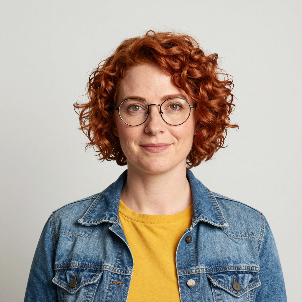 Example: Head and shoulders portrait of a woman in her 30s with short curly red hair and 