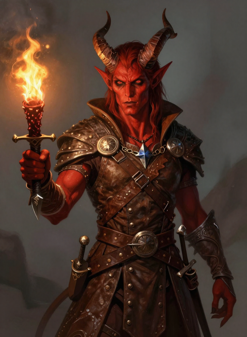 Example: Portrait of a tiefling rogue character for a tabletop RPG, red skin and curved h