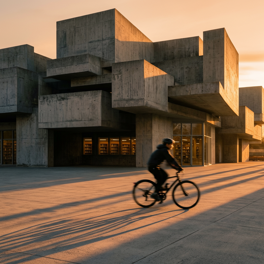Example: Brutalist concrete library at golden hour, long dramatic shadows, a cyclist pass