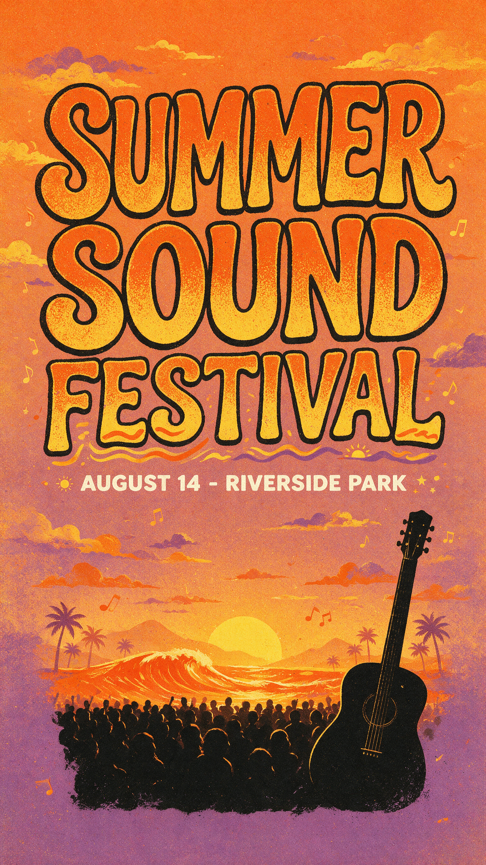 Example: Concert event poster design, bold hand-lettered headline reading 'SUMMER SOUND F