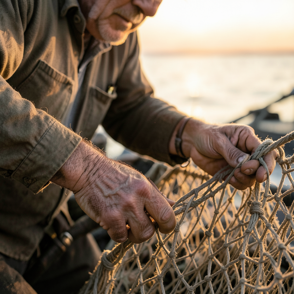Example: Portrait of a middle-aged fisherman mending a net at golden hour, weathered hand