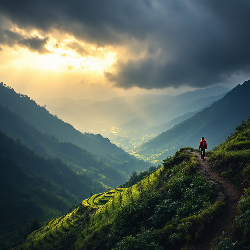 Example: Storm light over a terraced rice valley after rain, low clouds drifting through,