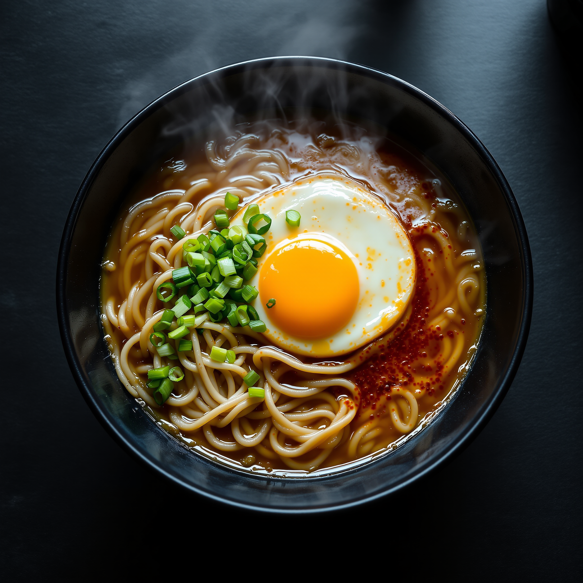 Example: Overhead shot of a steaming bowl of ramen with a soft egg, scallions and chili o