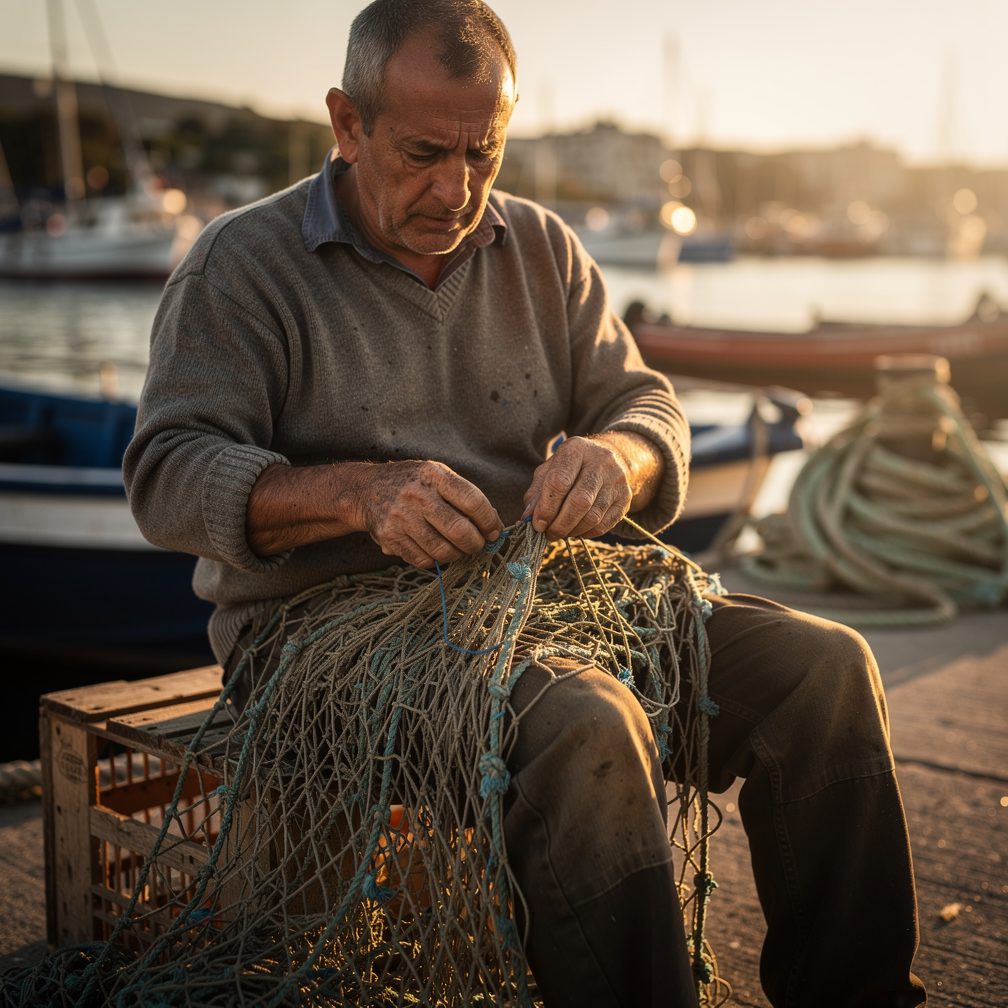 Example: Portrait of a middle-aged fisherman mending a net at golden hour, weathered hand