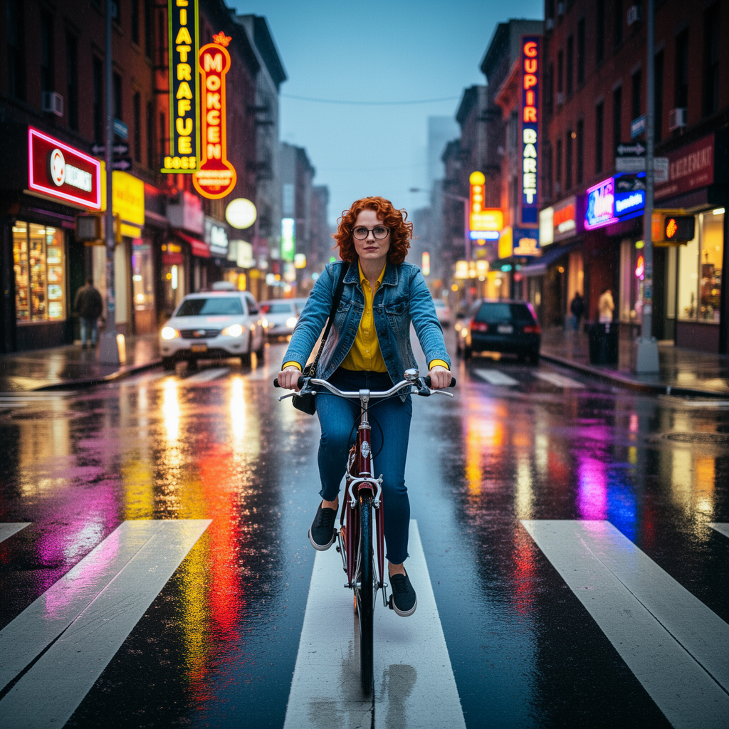 Example: Place this exact woman on a bicycle crossing a rainy city crosswalk at dusk, neo