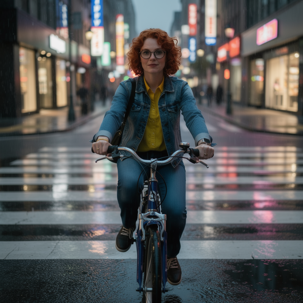 Example: Place this exact woman on a bicycle crossing a rainy city crosswalk at dusk, neo