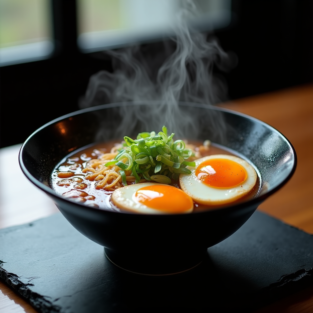 Example: Overhead shot of a steaming bowl of ramen with a soft egg, scallions and chili o