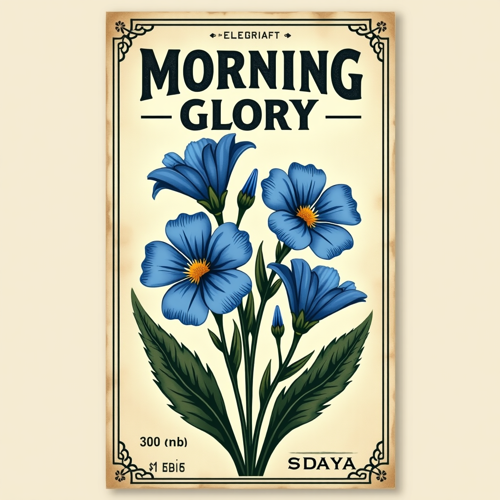 Example: A vintage seed packet design with the words 'MORNING GLORY' in hand-lettered typ