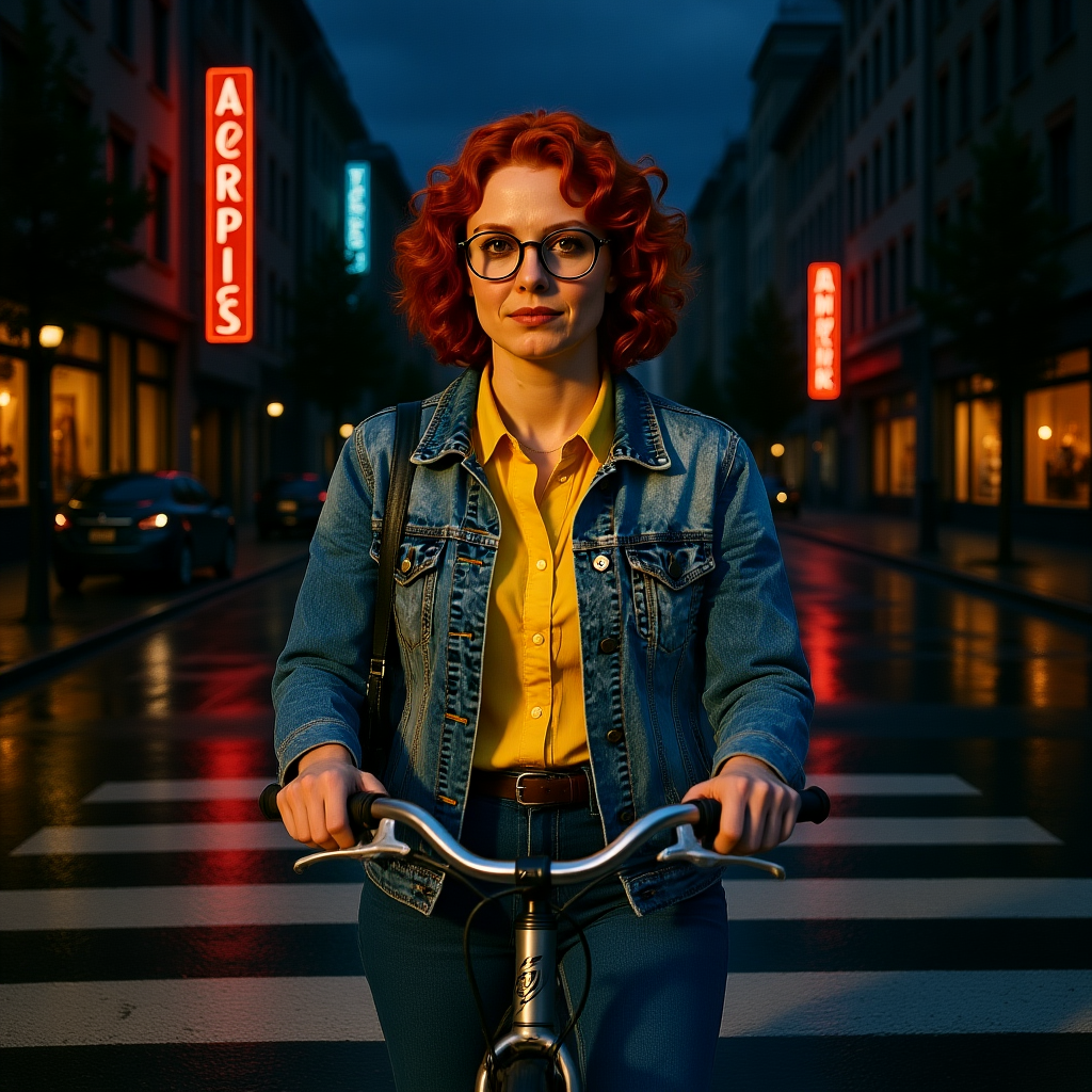 Example: Place this exact woman on a bicycle crossing a rainy city crosswalk at dusk, neo