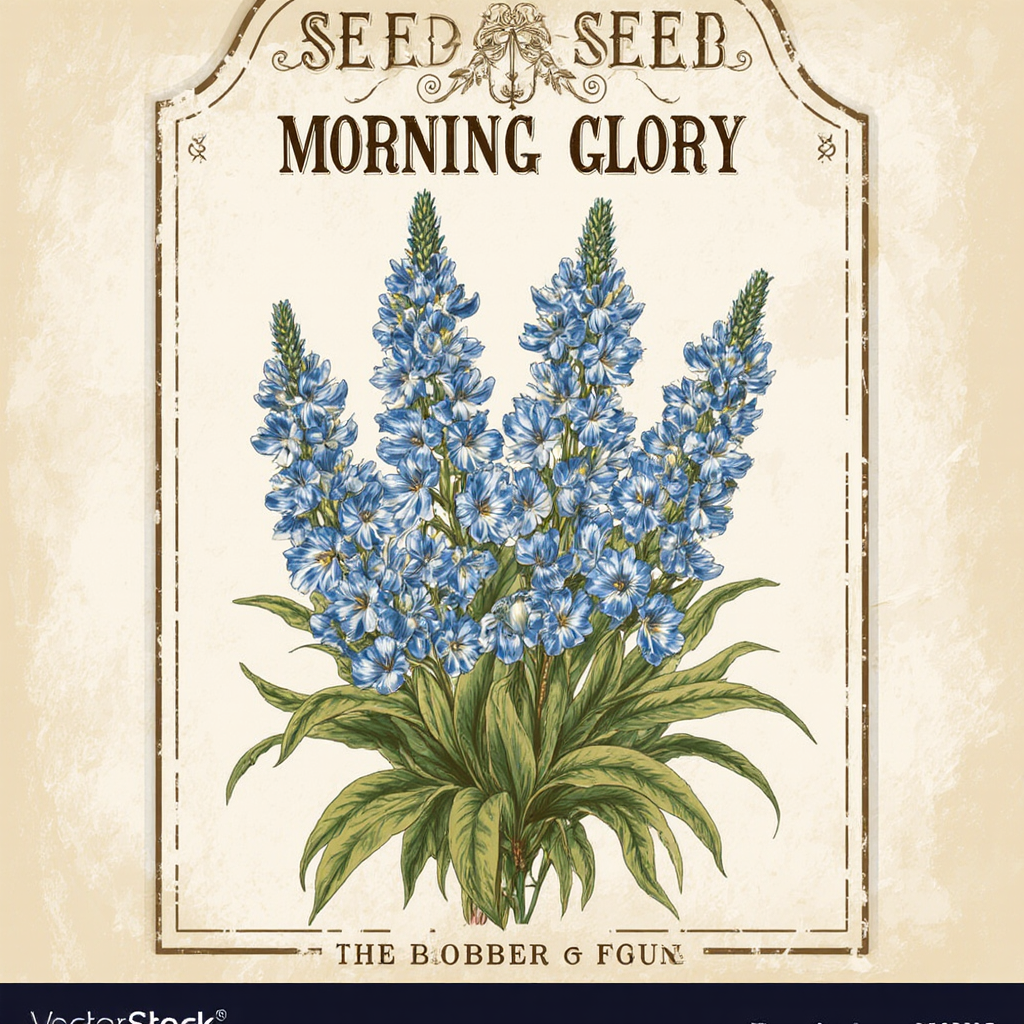 Example: A vintage seed packet design with the words 'MORNING GLORY' in hand-lettered typ