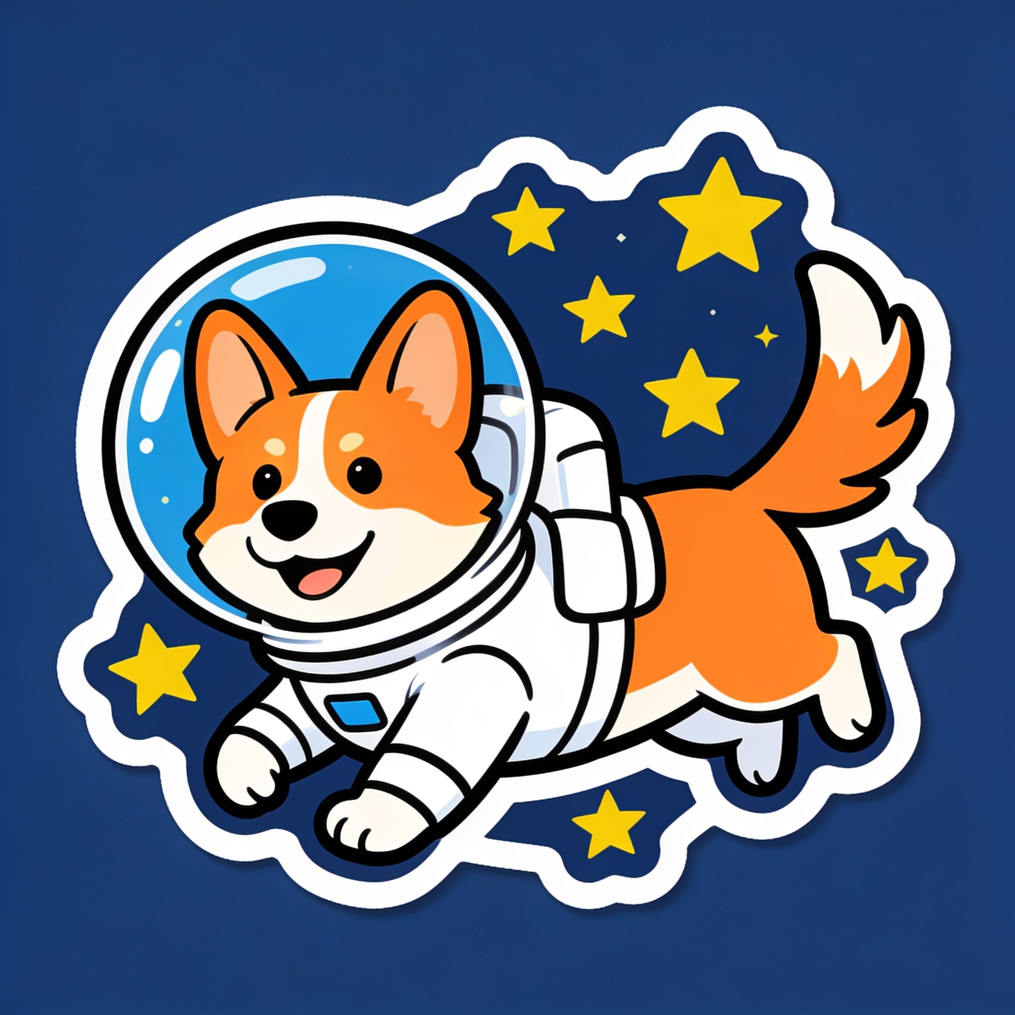 Example: A cheerful sticker design of a corgi astronaut floating among stars, bold outlin
